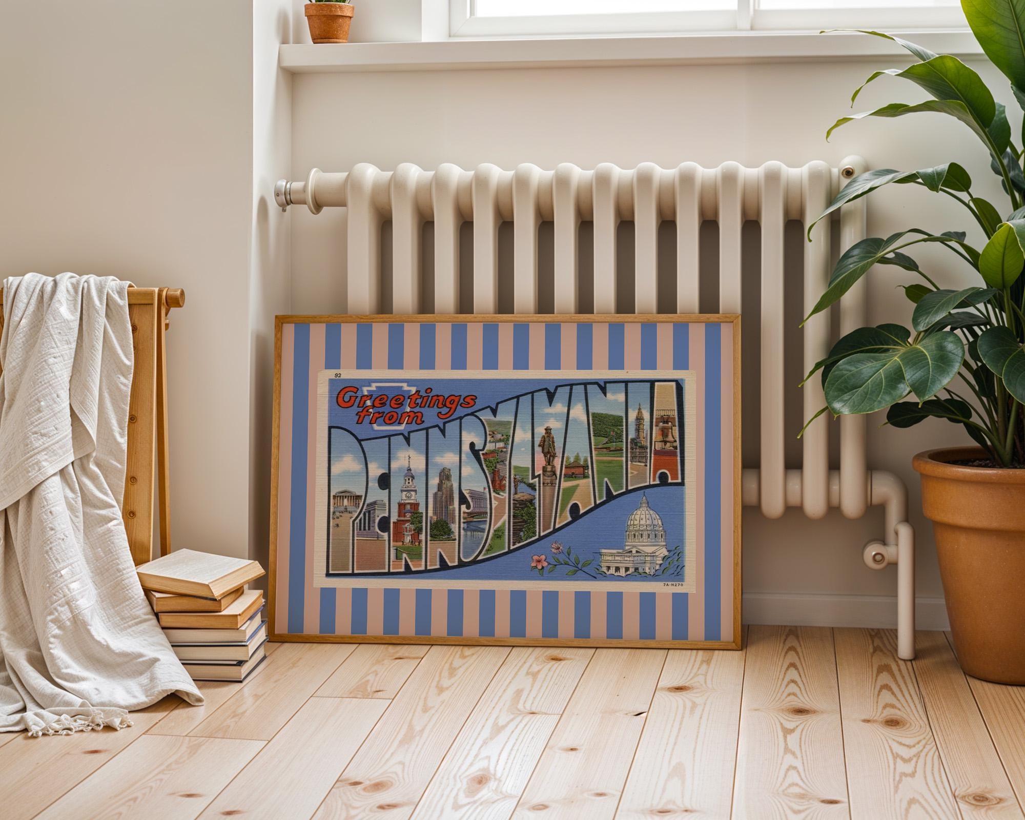 Pennsylvania Wall Art Print Digital Download Penn Poster Retro Travel Prints Pennsylvania Dorm Decor Horizontal Photo Striped Blue Art Print