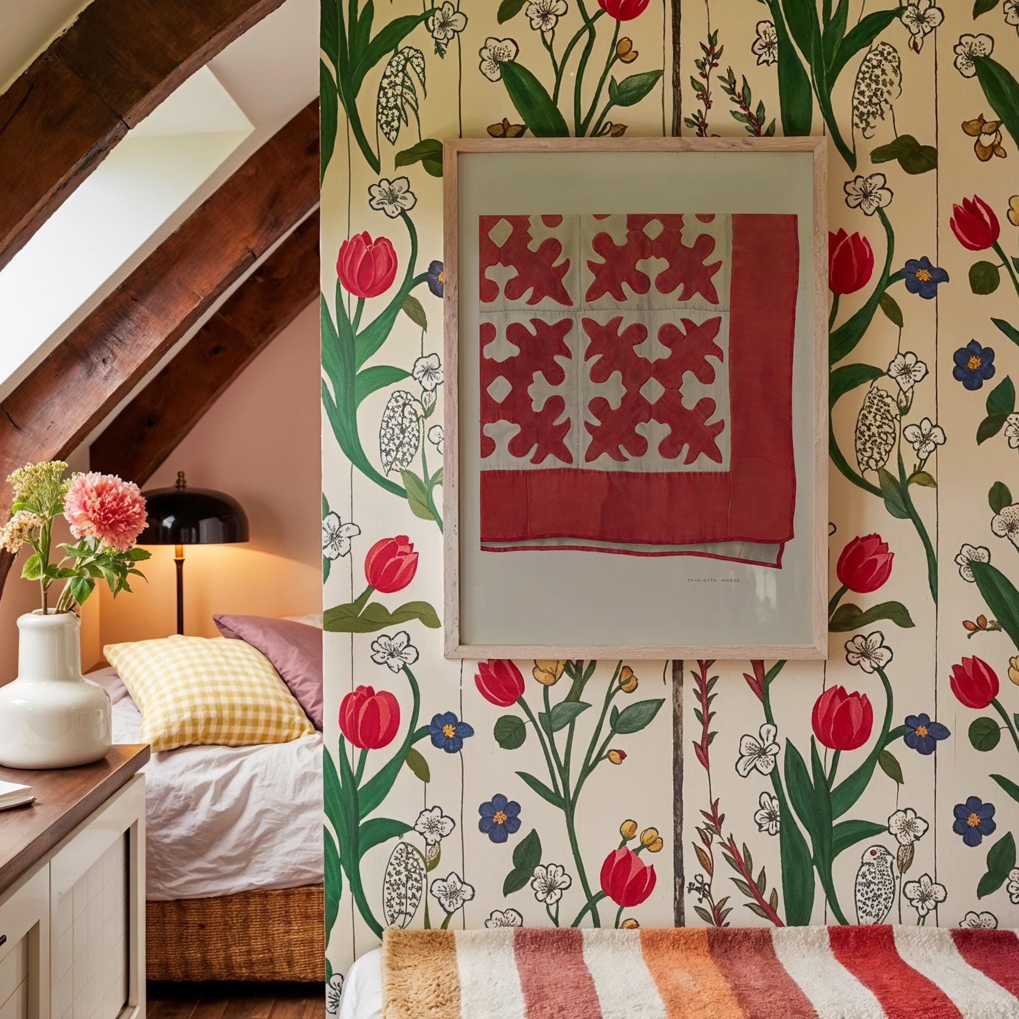Floral Quilt Art Print for English Cottage Decor, Digital Download, folk art, quilt art print, americana art decor, red and beige decor