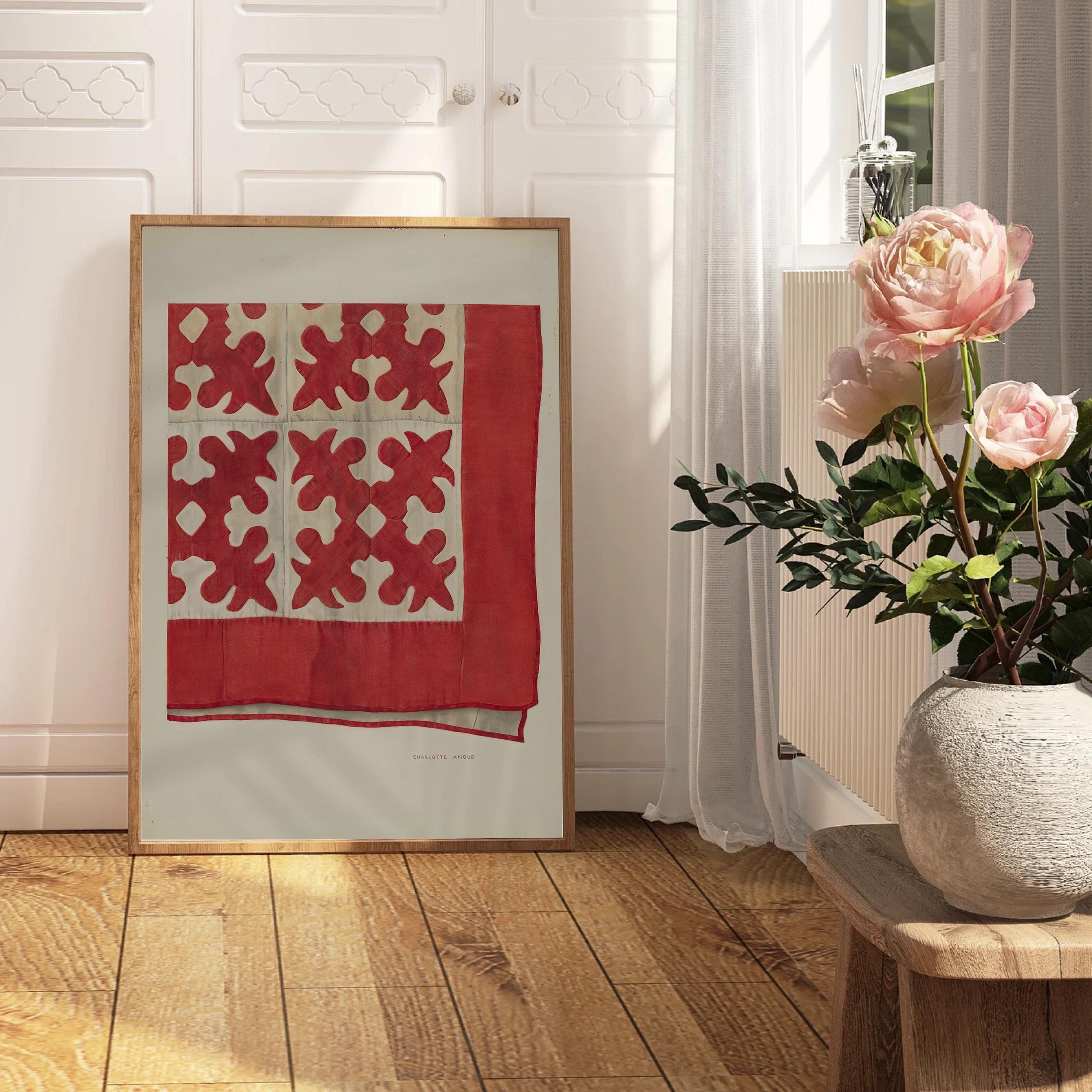 Floral Quilt Art Print for English Cottage Decor, Digital Download, folk art, quilt art print, americana art decor, red and beige decor