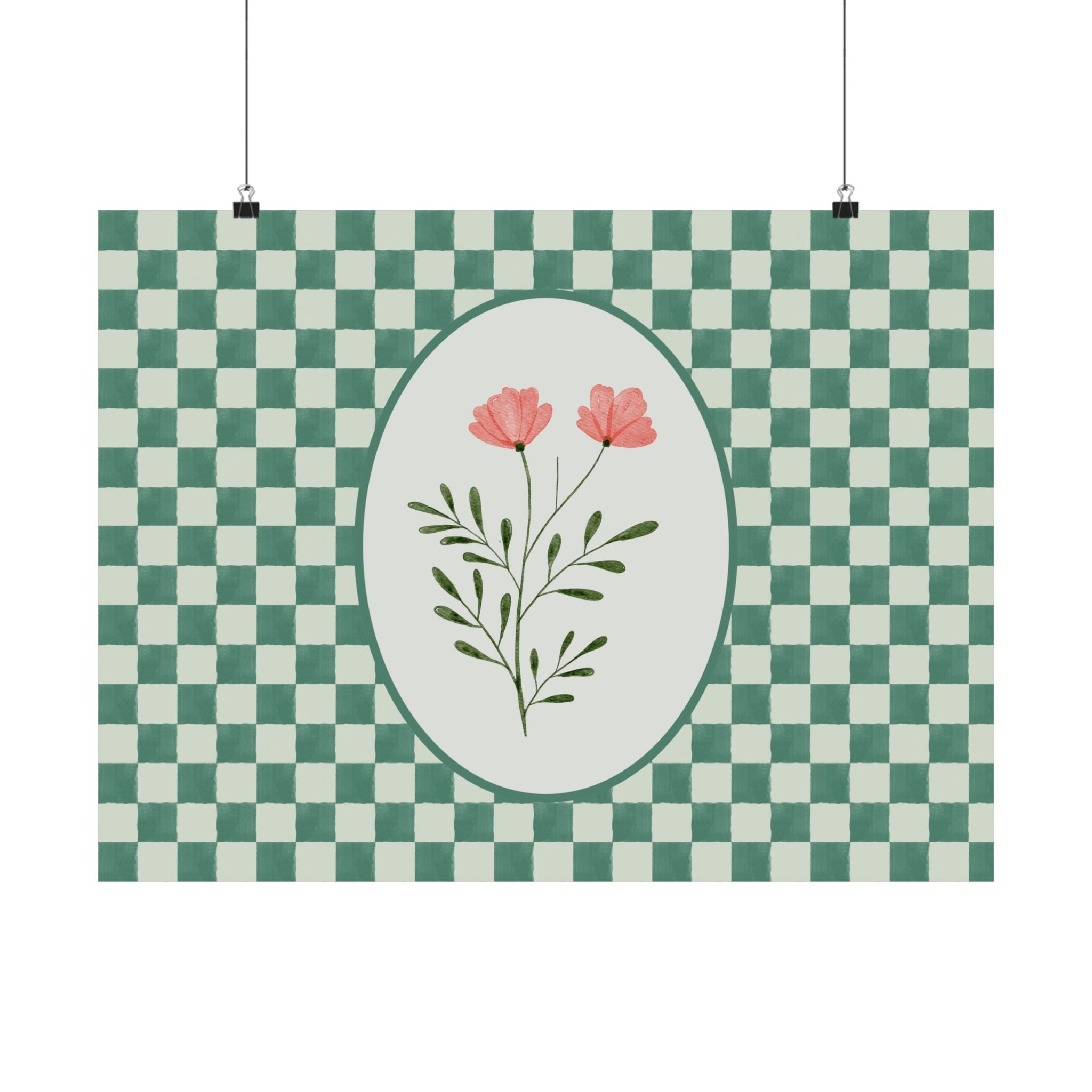 Green Checker Pink Flower Horizontal Physical Poster