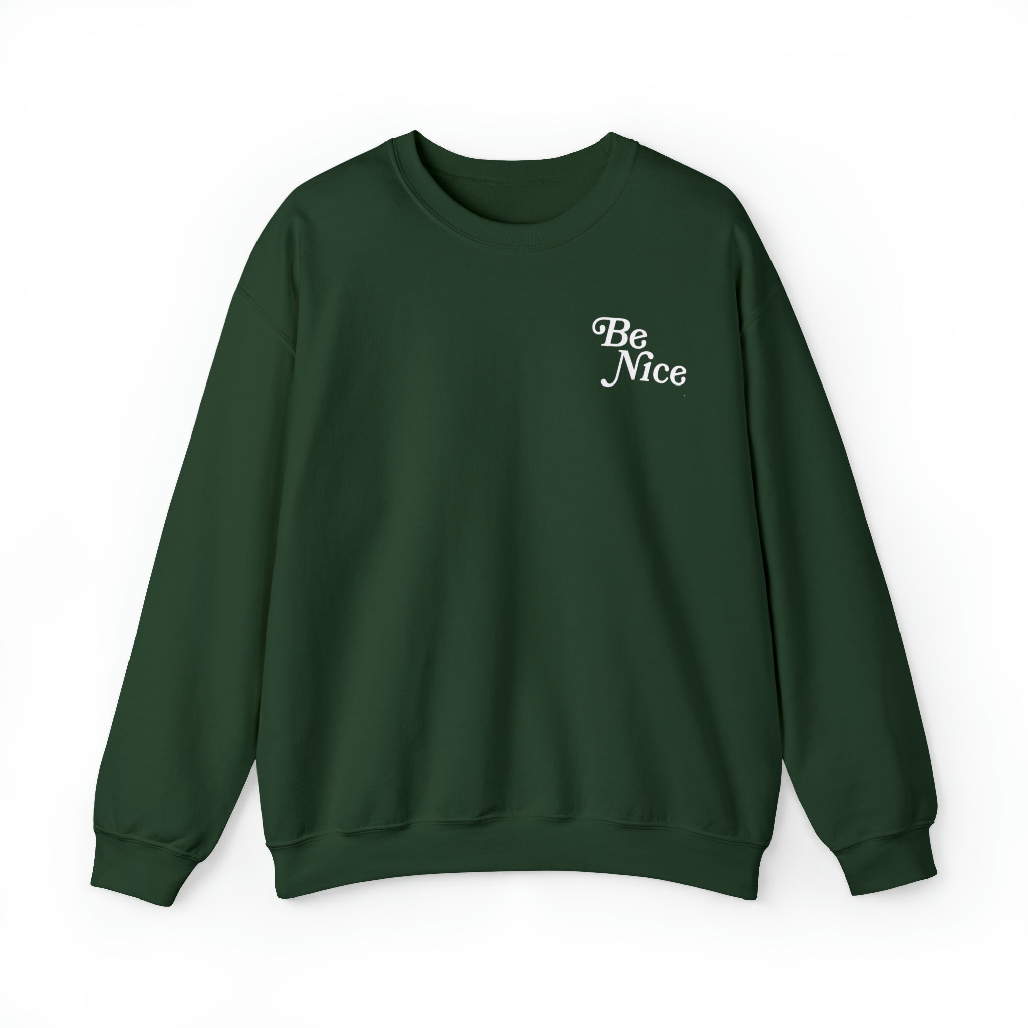 Be Nice or Kick Rocks slogan on dark-colored crewneck sweatshirt"