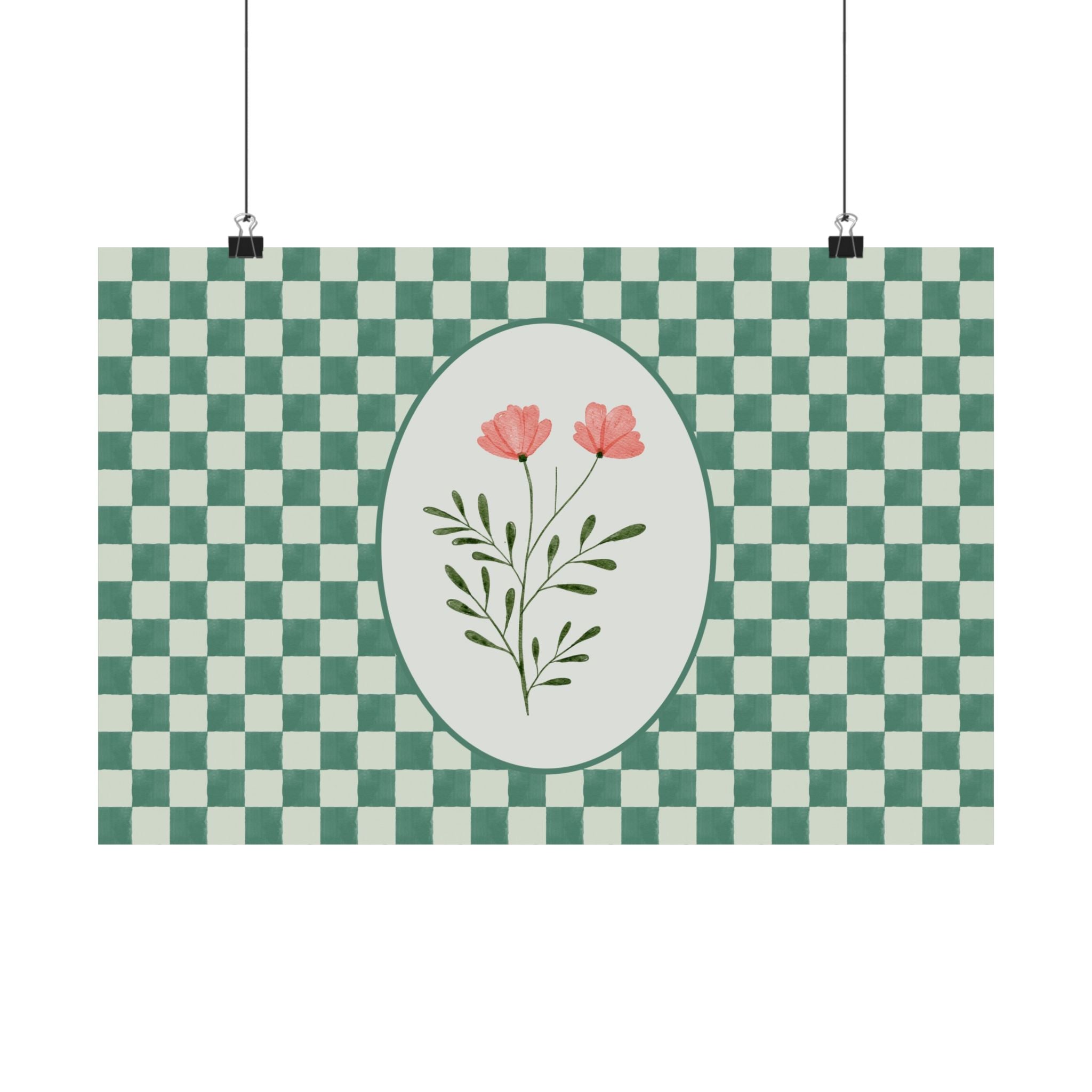 Green Checker Pink Flower Horizontal Physical Poster