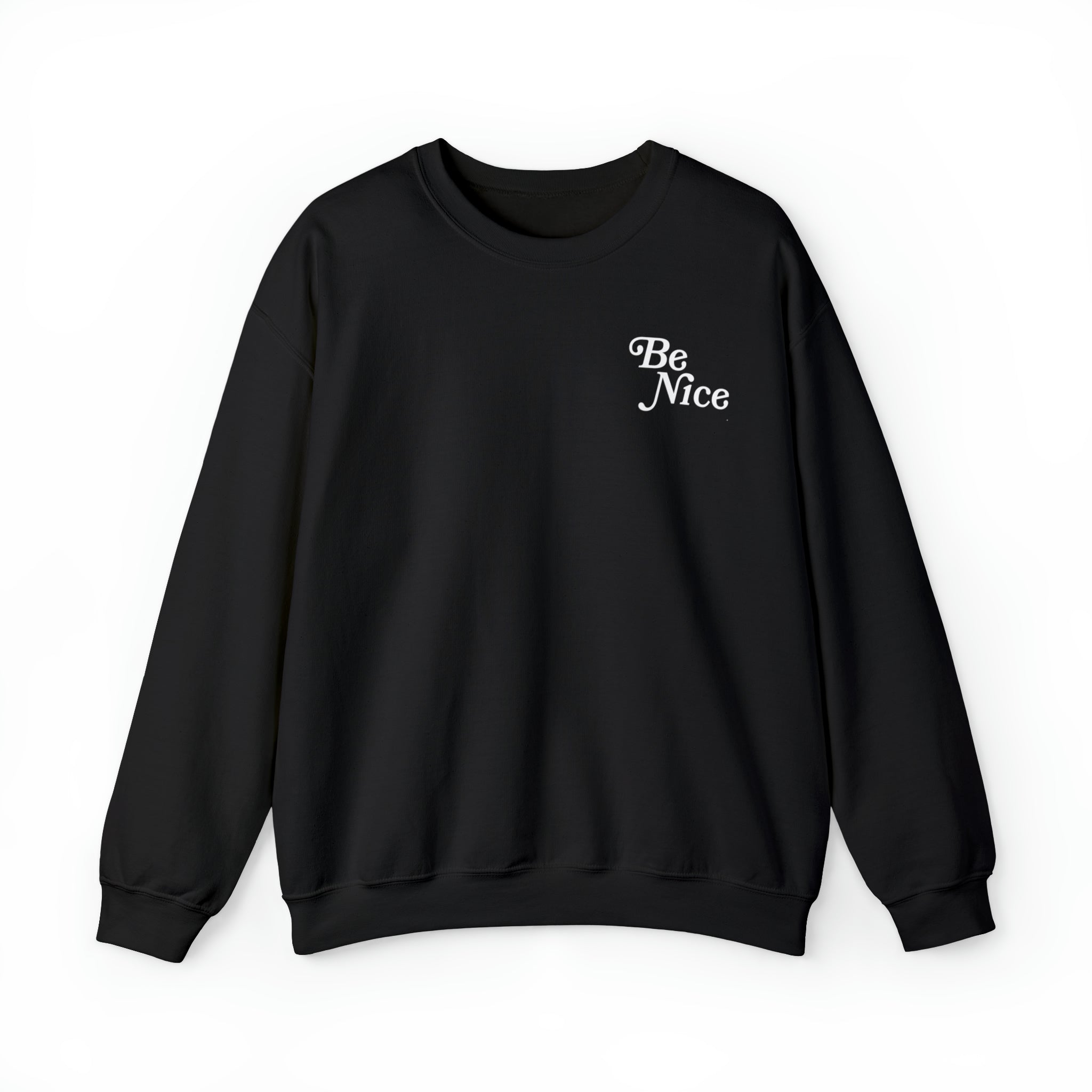 Stylish dark-colored crewneck sweatshirt with Be Nice or Kick Rocks design