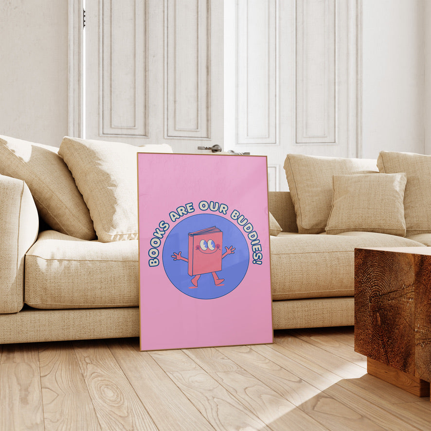 a pink sign sitting on top of a wooden floor