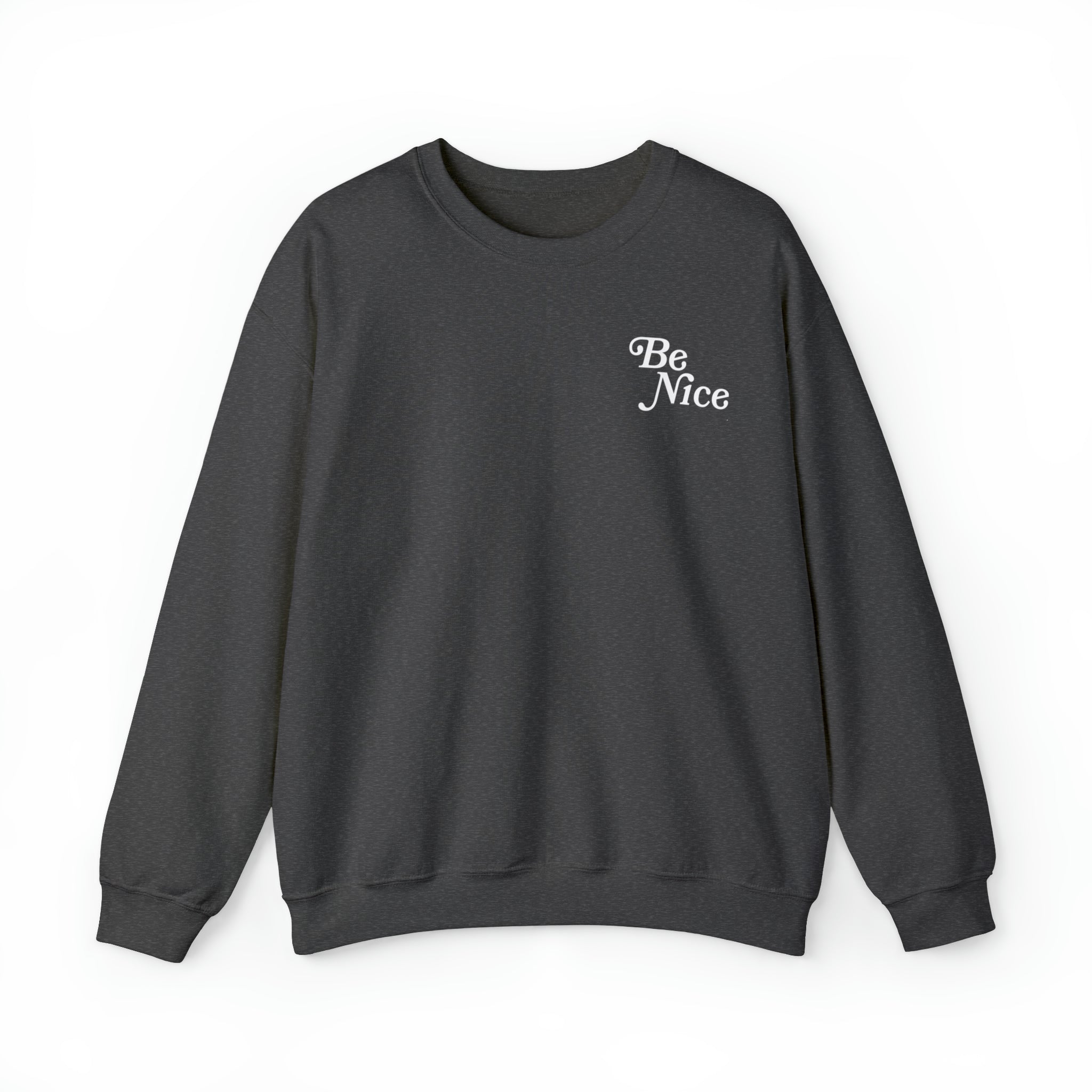 Be Nice or Kick Rocks slogan on black dark-colored crewneck sweatshirt"