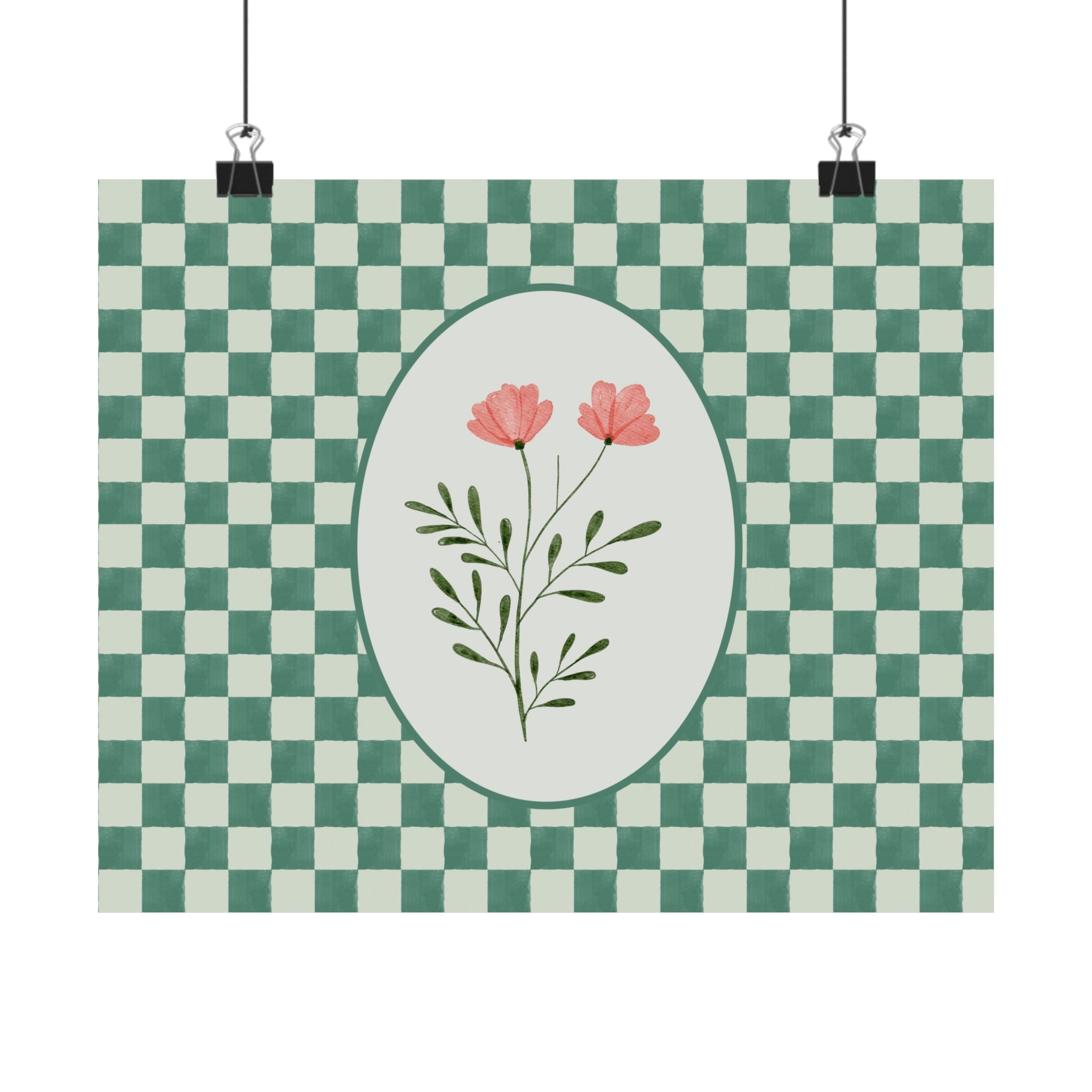 Green Checker Pink Flower Horizontal Physical Poster