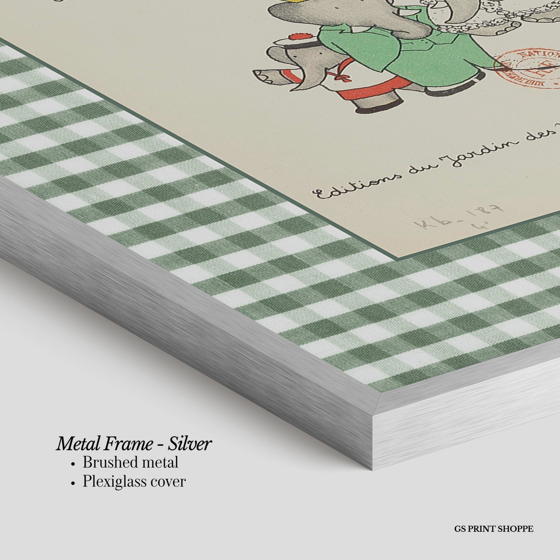 Set of Three Babar Green Gingham Vertical Art Prints