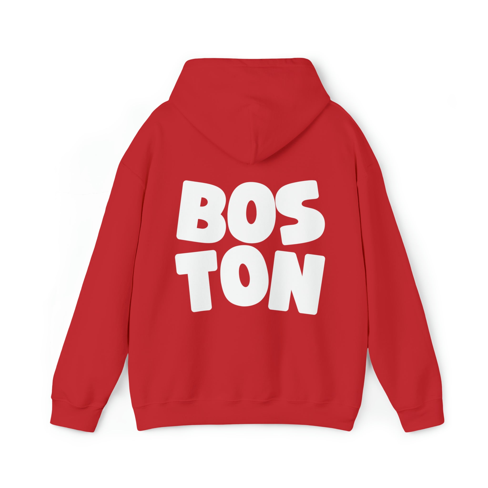 Lifestyle photo of a person wearing the Boston Hoodie Sweatshirt by GS Print Shoppe in an urban setting.