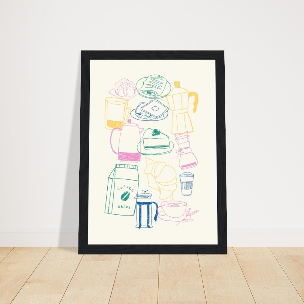Cafe Doodles Premium Matte Poster Wood Frame: Add a touch of whimsy and warmth to your space with this premium matte poster featuring doodles of cafes, encased in a stylish wooden frame.