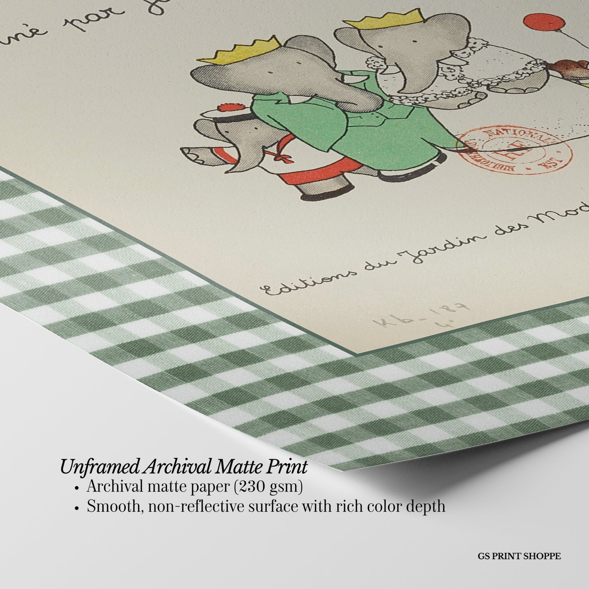 Set of Three Babar Green Gingham Vertical Art Prints