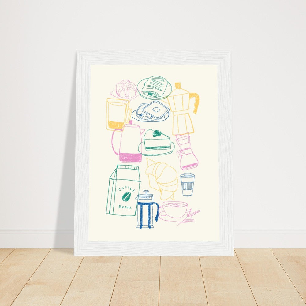 Cafe Doodles Premium Matte Poster Wood Frame: Bring the warmth and vibrancy of cafes into your living space