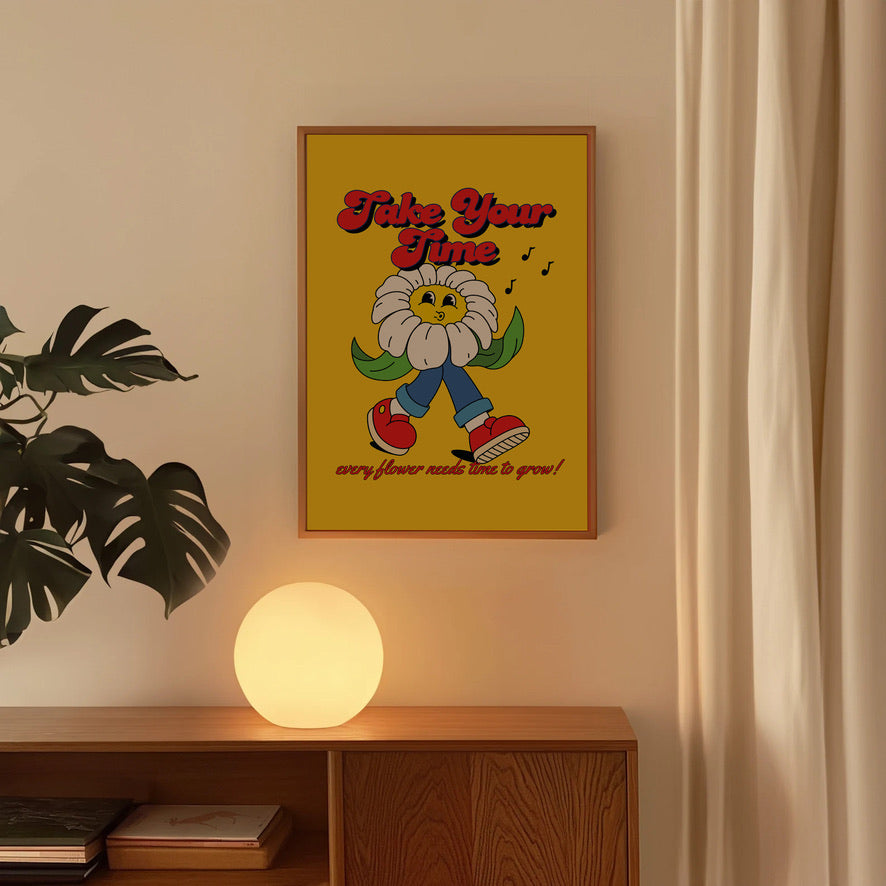 a poster on a wall next to a plant