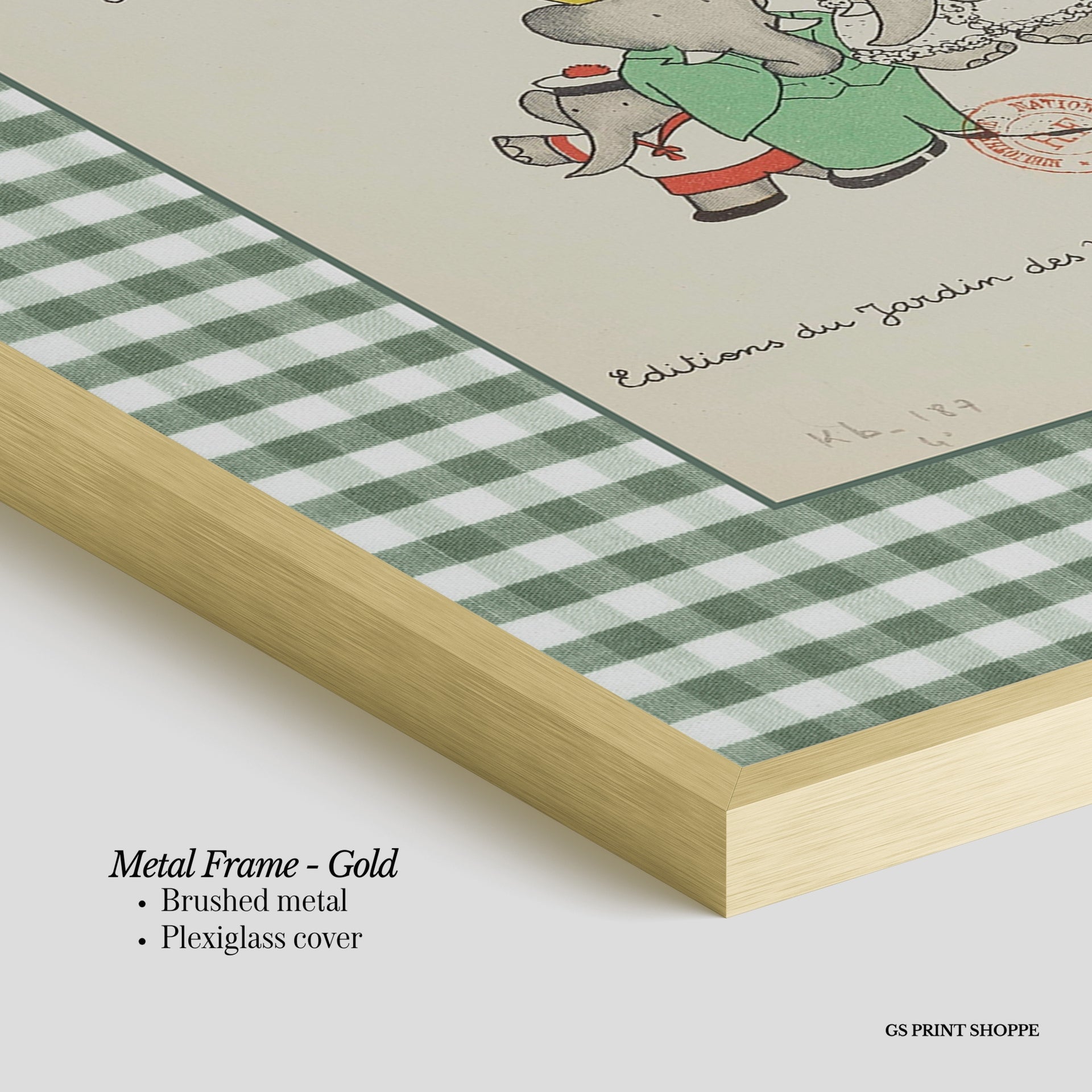 Set of Three Babar Green Gingham Vertical Art Prints