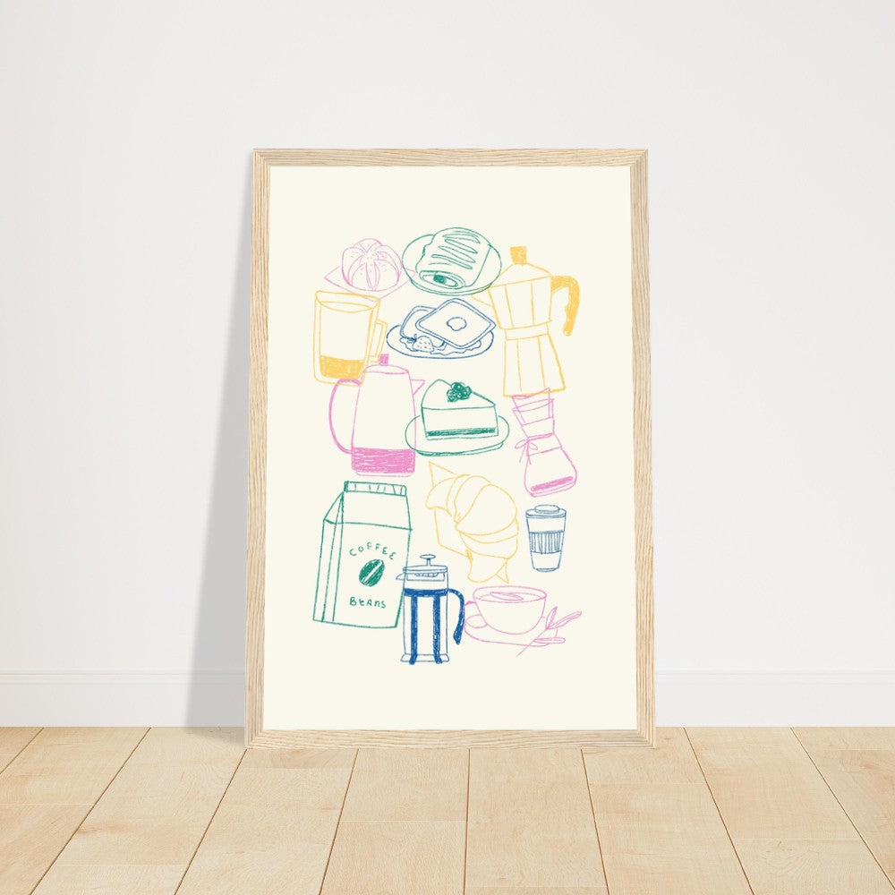 Cafe Doodles Premium Matte Poster Wood Frame: A vibrant poster adorned with whimsical doodles of cafes, enclosed in an elegant wooden frame.