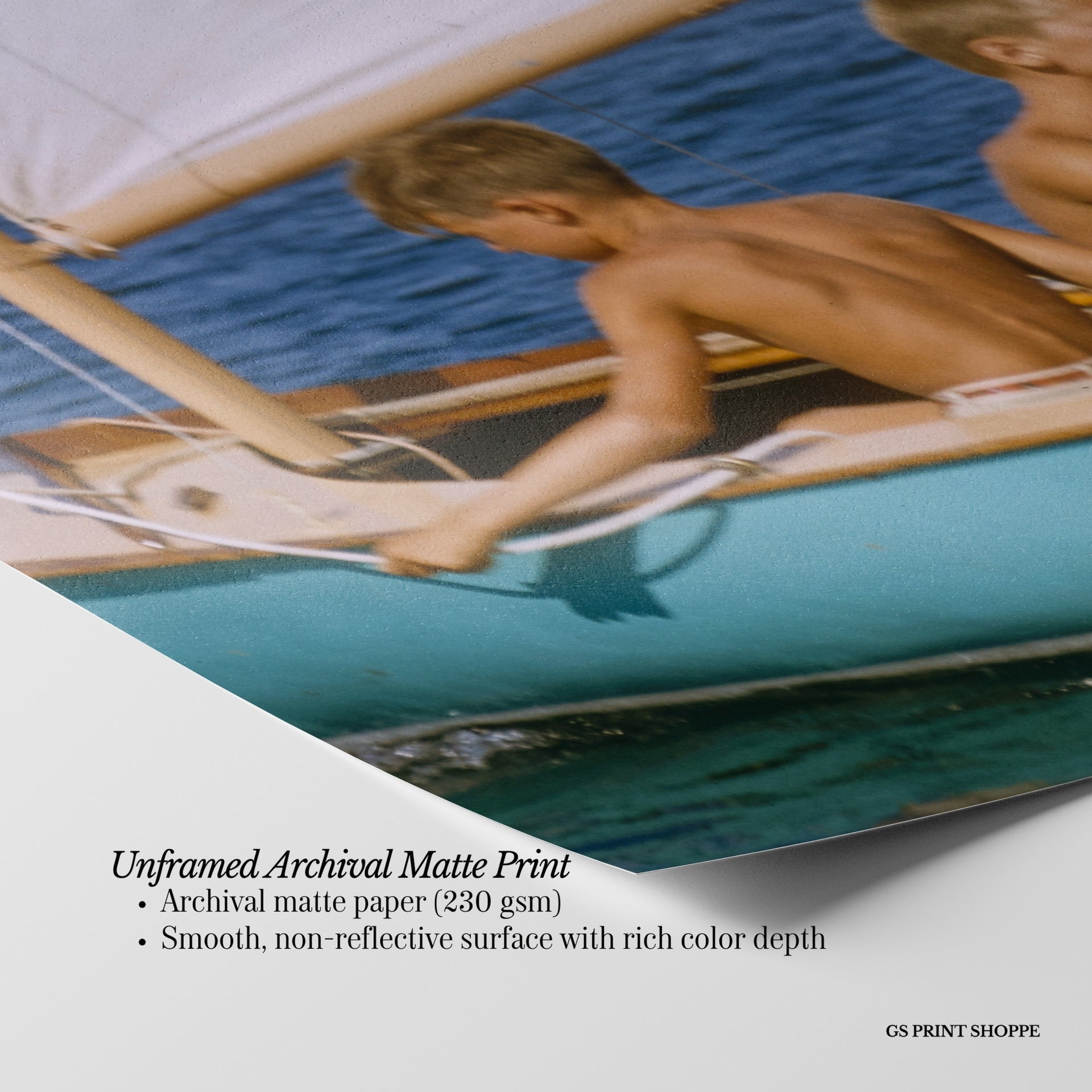 Boys Sailing Teal Boat Vertical Art Print