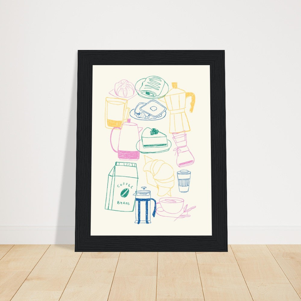 Cafe Doodles Premium Matte Poster Wood Frame: Elevate your walls and create a welcoming atmosphere with this charming poster depicting doodles of cafes, framed in a sturdy and elegant wooden frame.