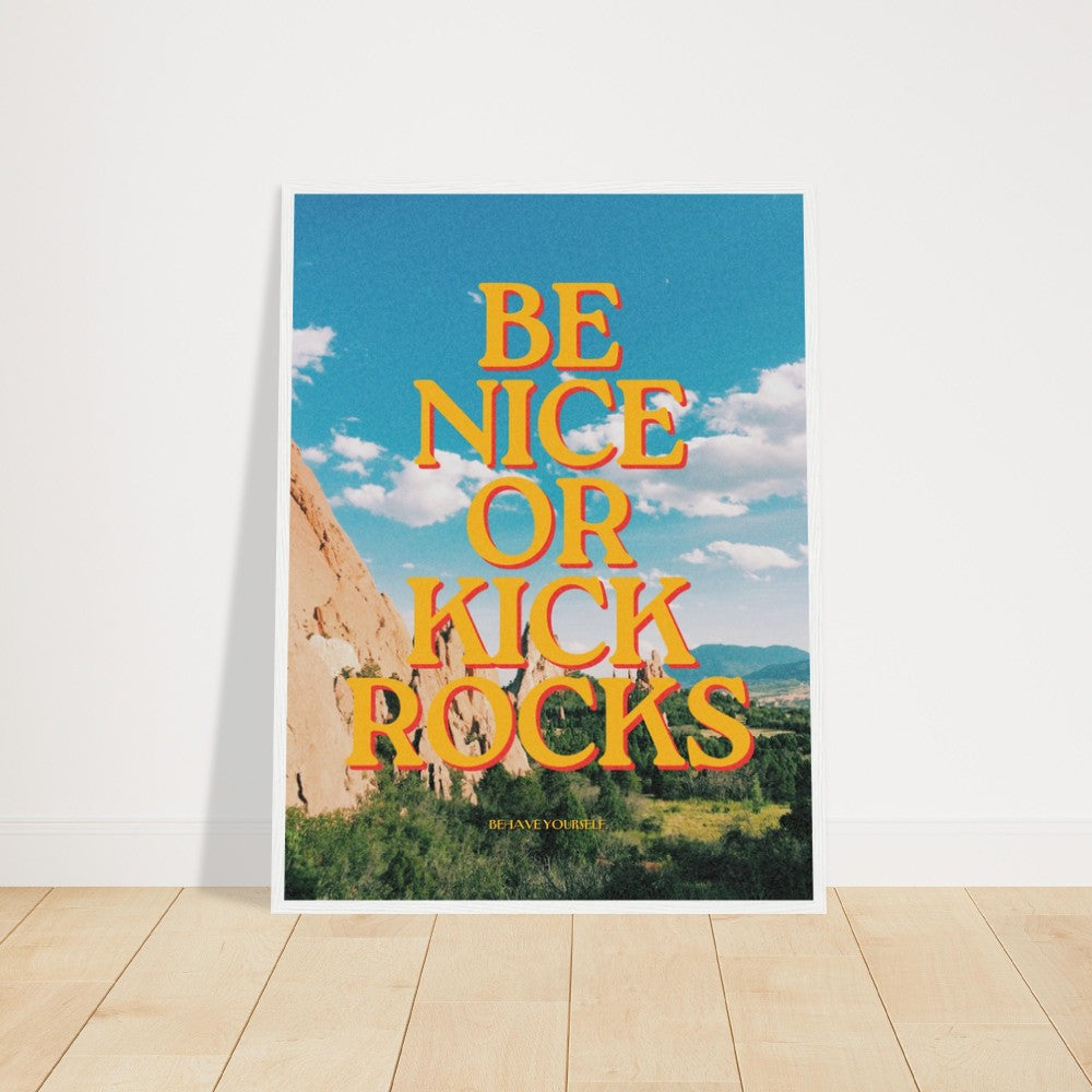 Artistic poster with Be Nice or Kick Rocks slogan, framed