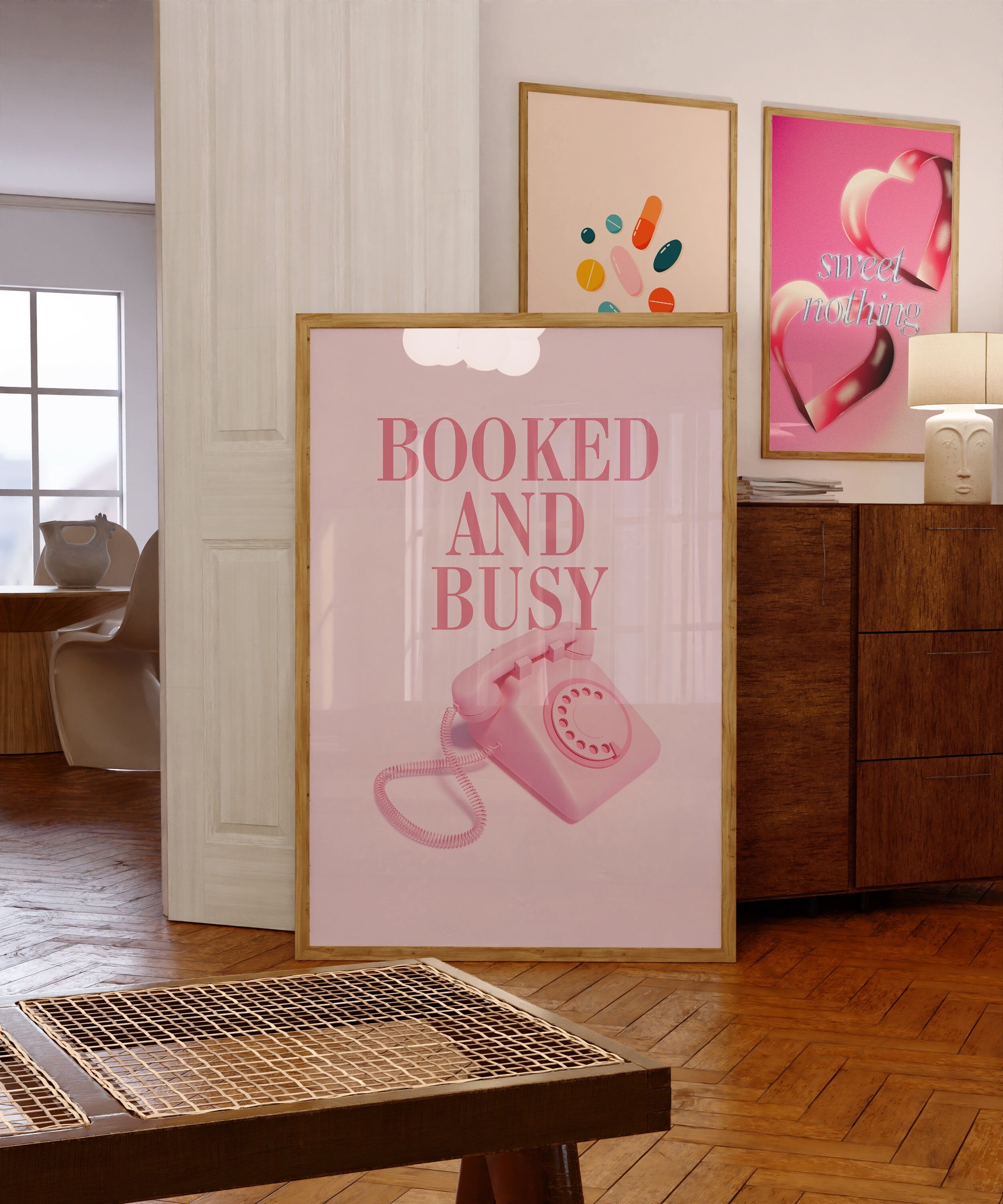 Booked and Busy, Retro Poster, Pink Large Posters, Digital Wall Art, Retro Phone Print, Y2K Art Print, Pink Preppy Art, Cute Wall Prints