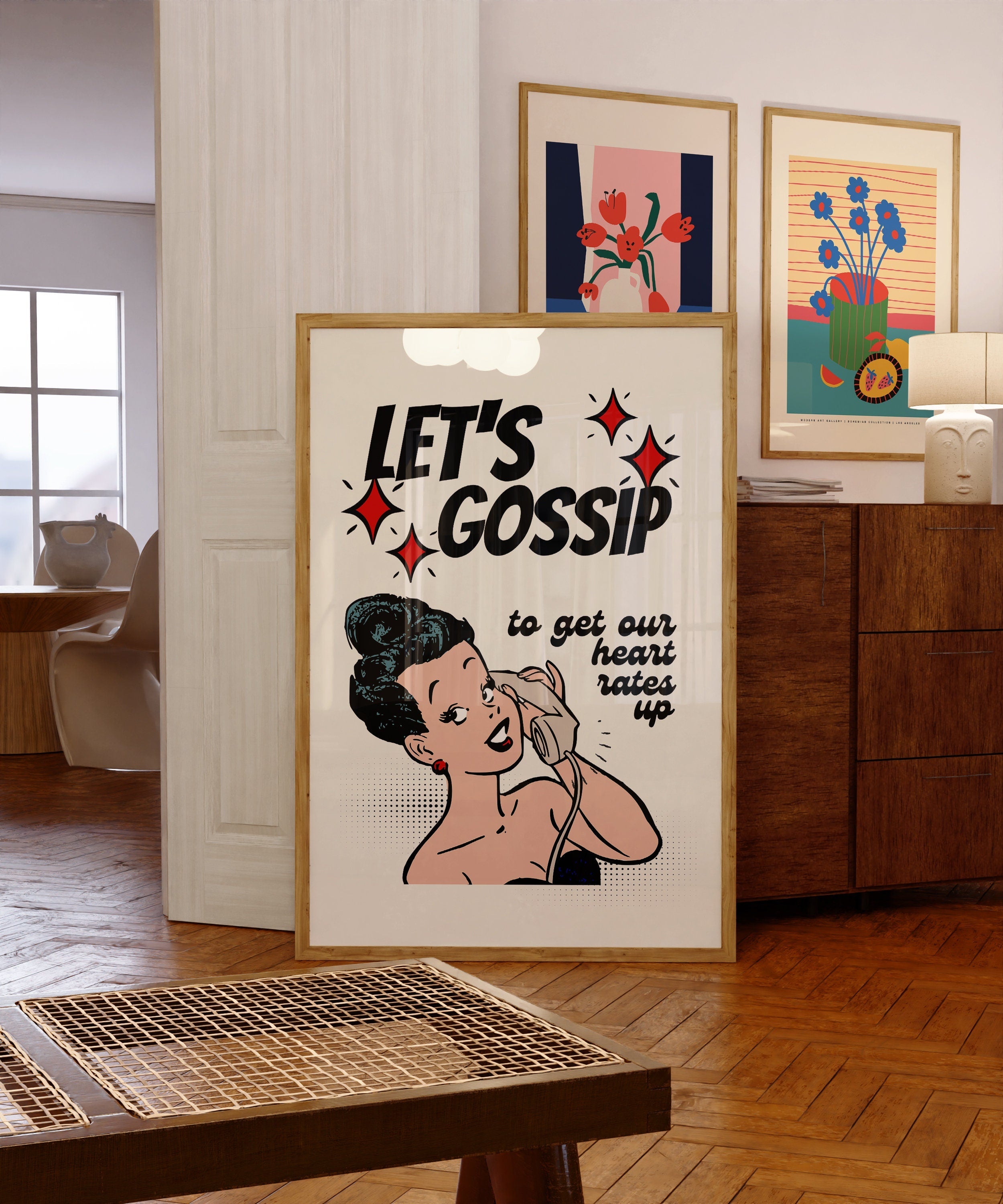 Let&#39;s Gossip-Digital Prints-Wall Art Print-Retro Cartoon Art-Downloadable Print-Bar Art Prints-Living Room Decor-Funny Wall Art-Trendy Art