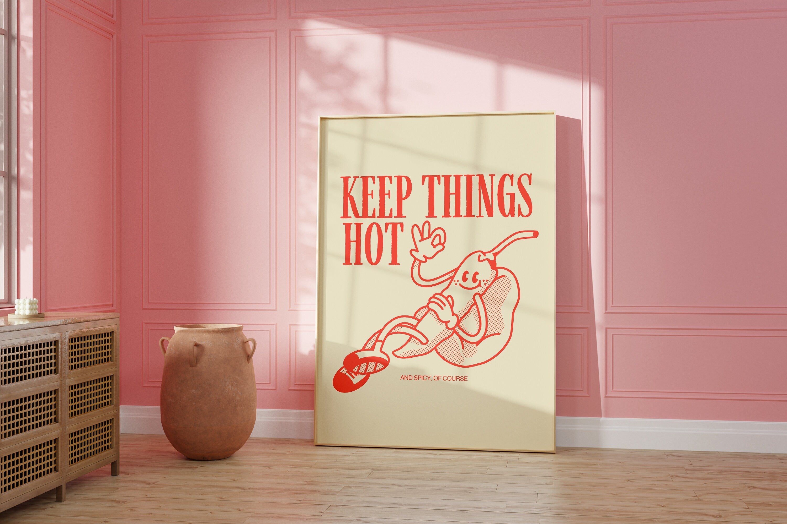 Keep it hot, printable wall art, Chili digital poster, Downloadable print, Kitchen decor, cute retro art, retro cartoon, cute art