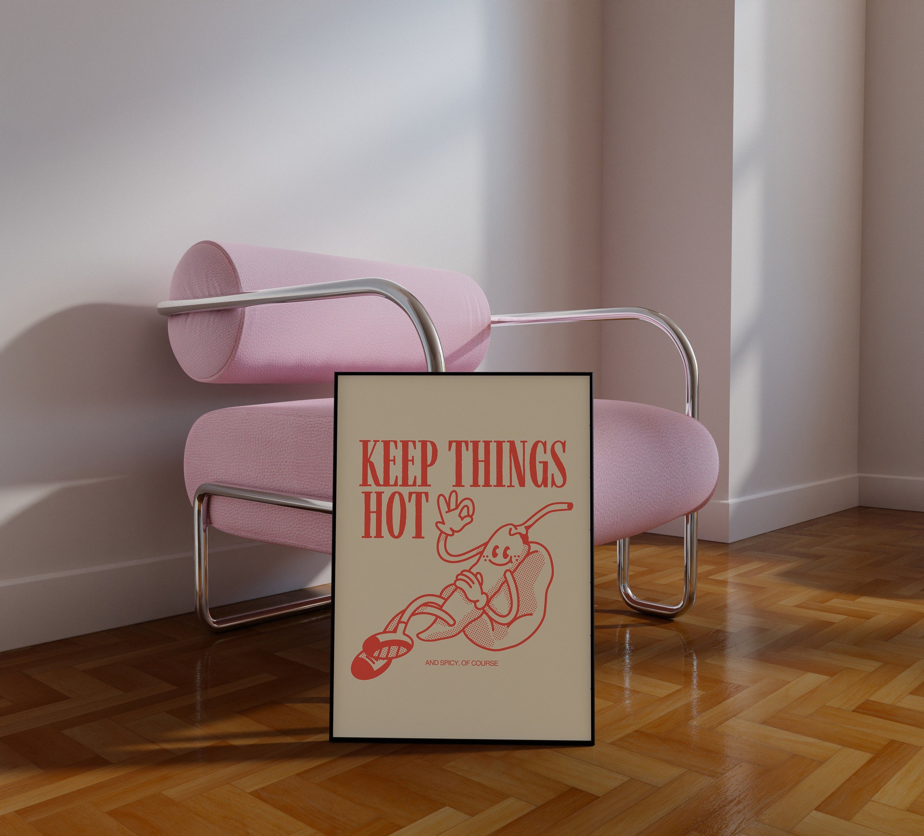 Keep it hot, printable wall art, Chili digital poster, Downloadable print, Kitchen decor, cute retro art, retro cartoon, cute art