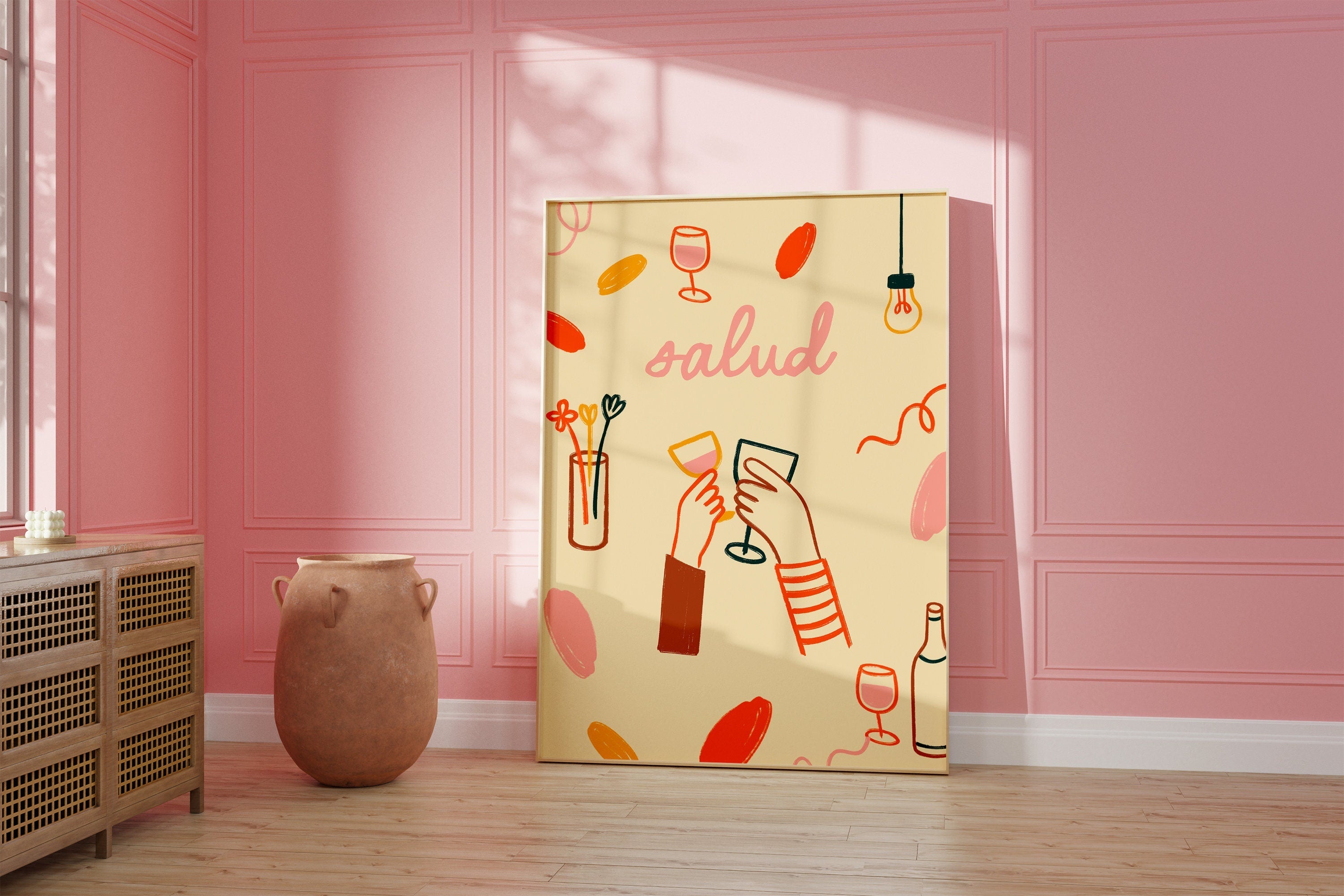 Salud Art Print, Cheers Neutral Poster, Retro Wine Print, Salud Cheers Print, Trendy Art, Bar Cart Prints, GS Print Shoppe