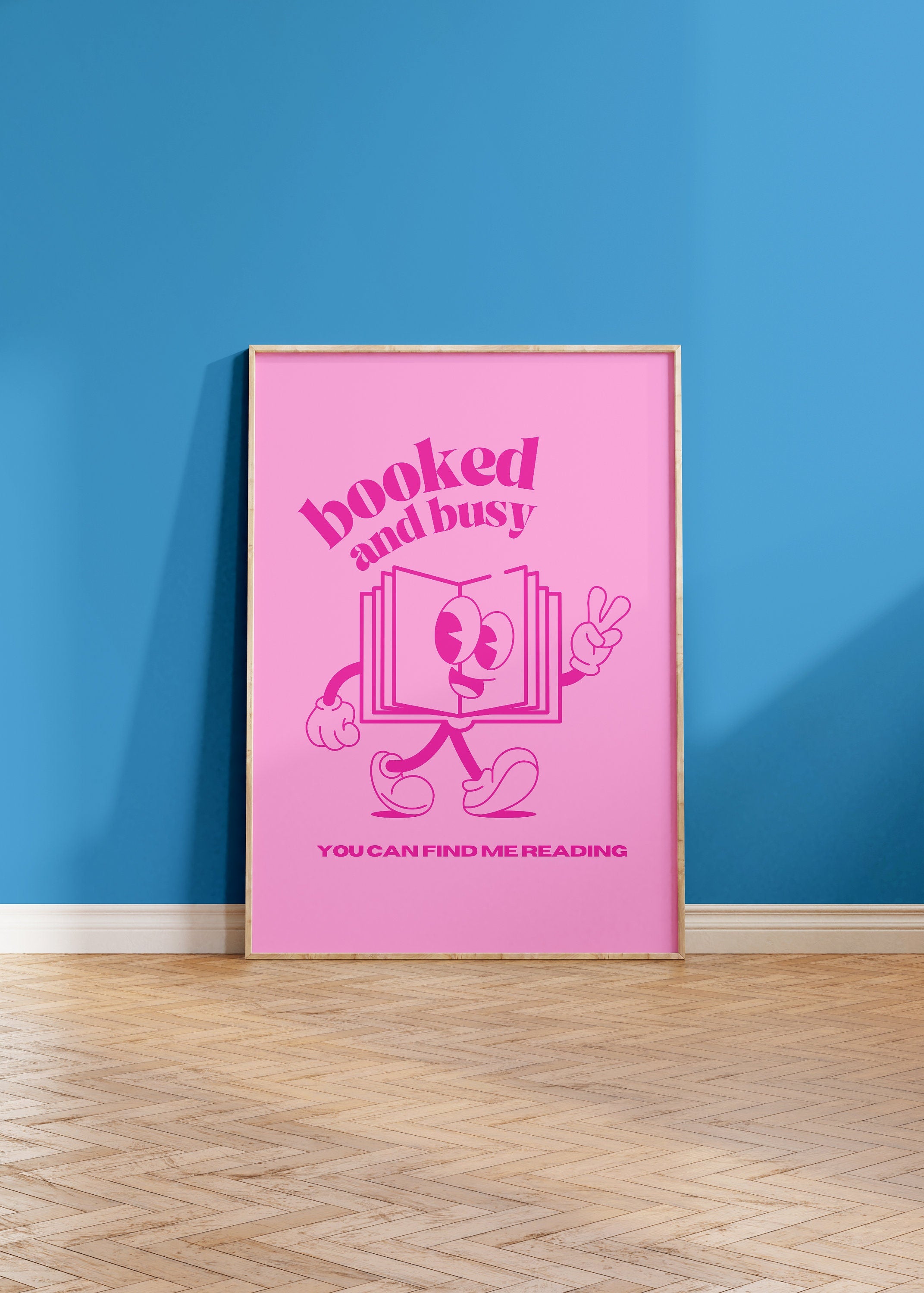 Booked and Busy, Retro Quote, Digital Prints Art, Downloadable Art, Reading Art Prints, Retro Cartoon Poster, Encouraging Posters, Pink Art