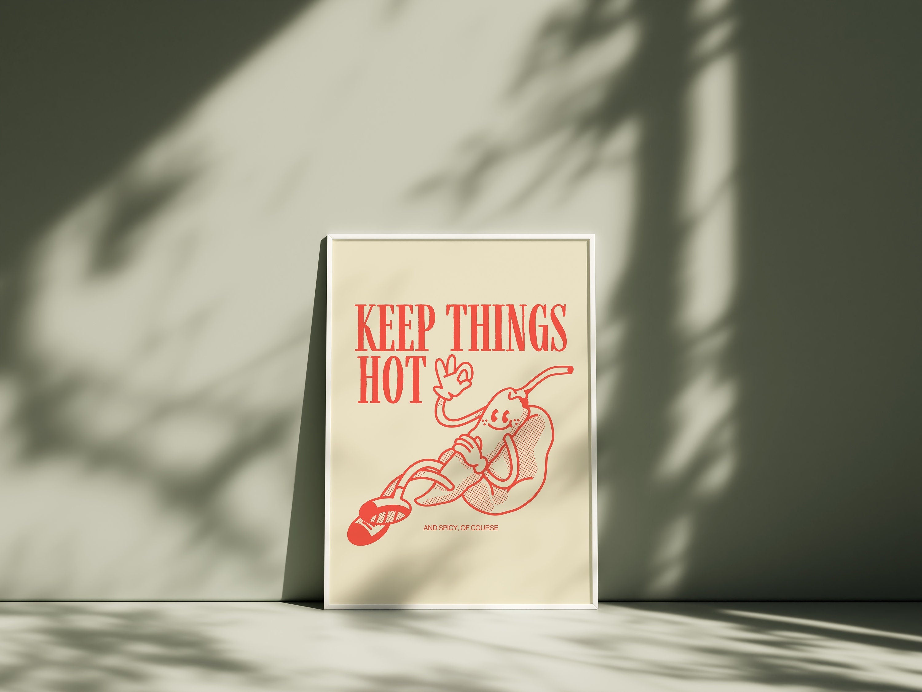 Keep it hot, printable wall art, Chili digital poster, Downloadable print, Kitchen decor, cute retro art, retro cartoon, cute art