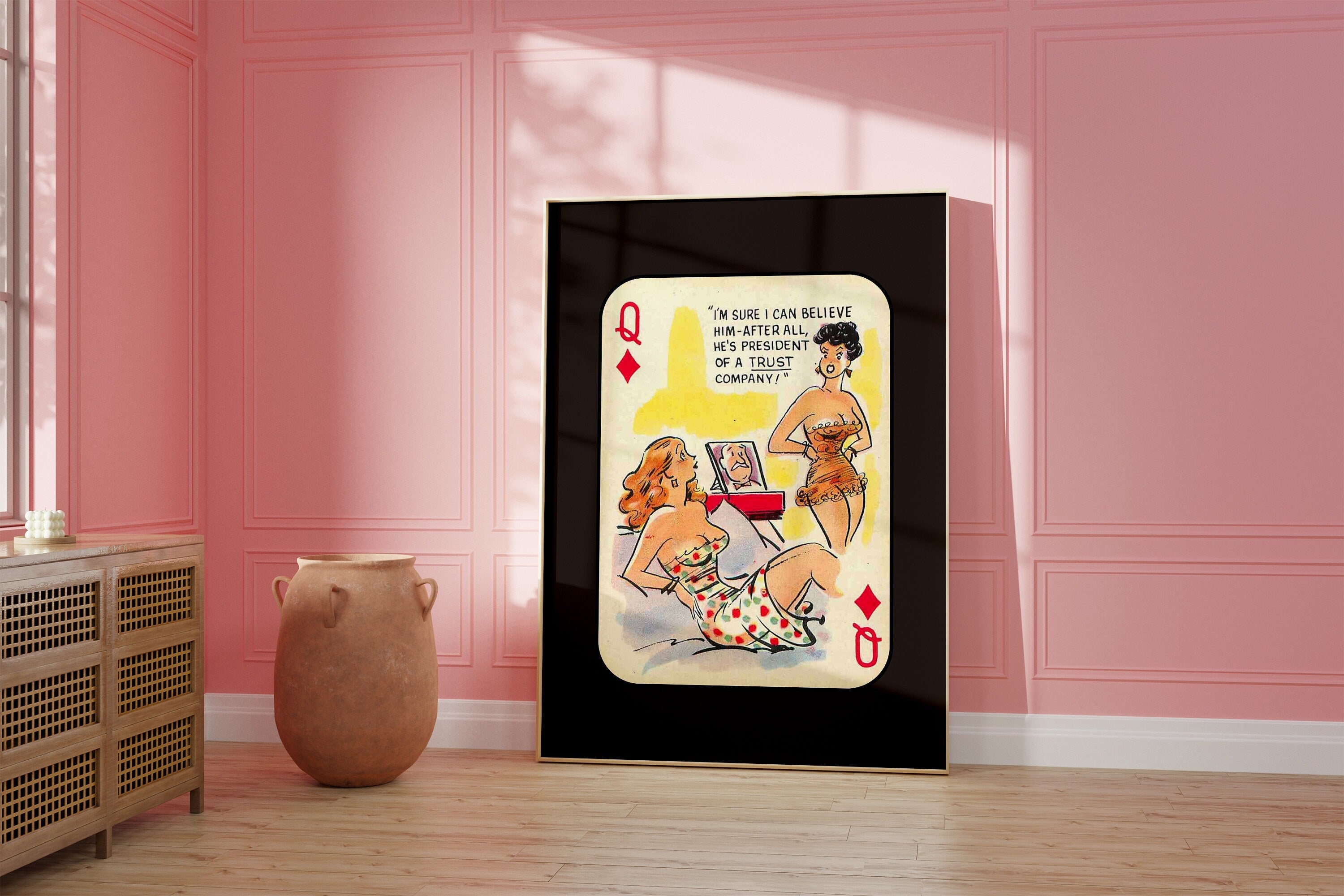 Comic Wall Art, Funny Wall Art, Playing Card Print, Feminist Art, Retro Art Print, Vintage Playing Card, Girly Cartoon Art, Apartment Art