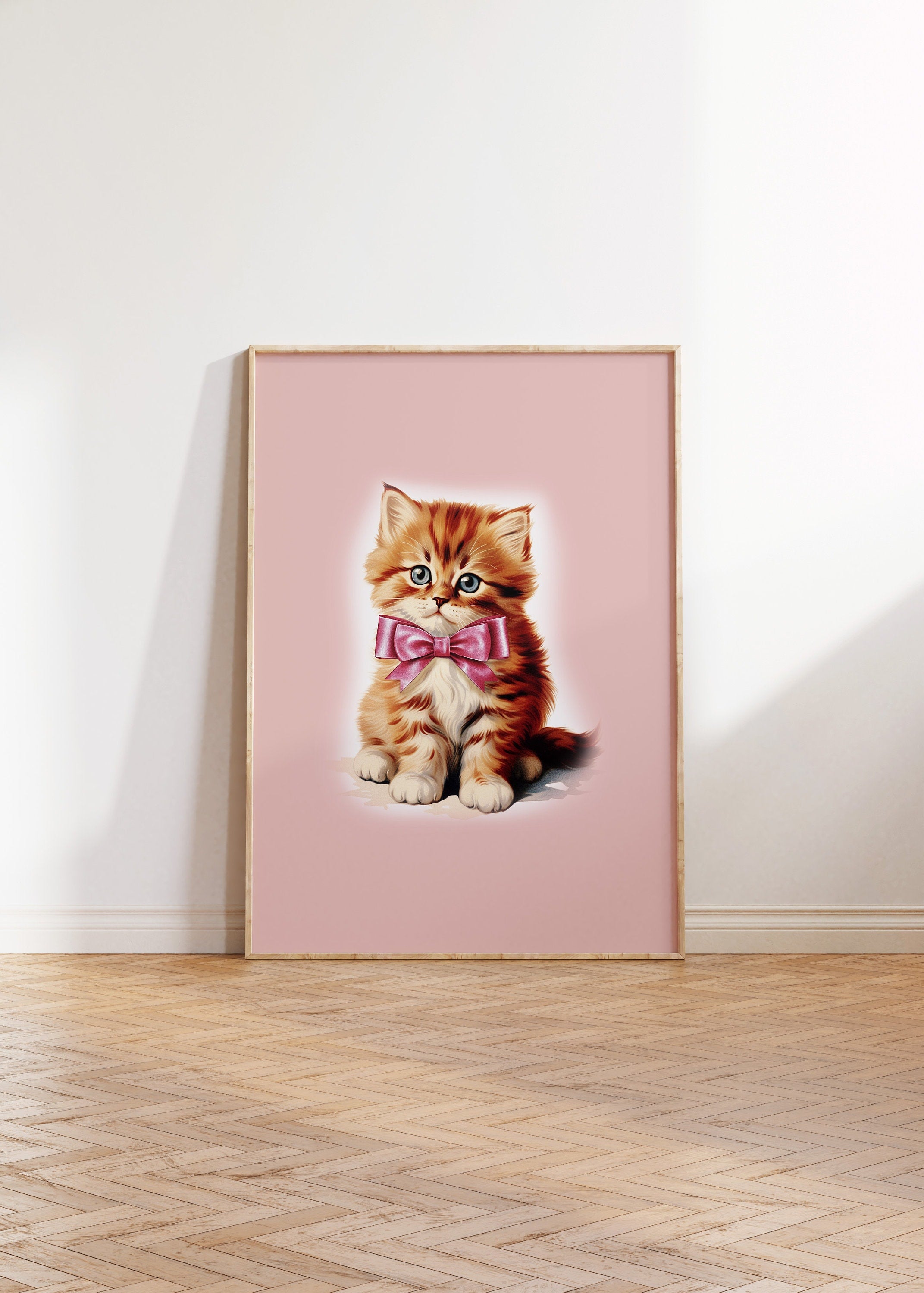 coquette print, grandmillenial art, preppy pink art, bow aesthetic print, kitten pink art, nursery girly wall art, cat apartment wall decor