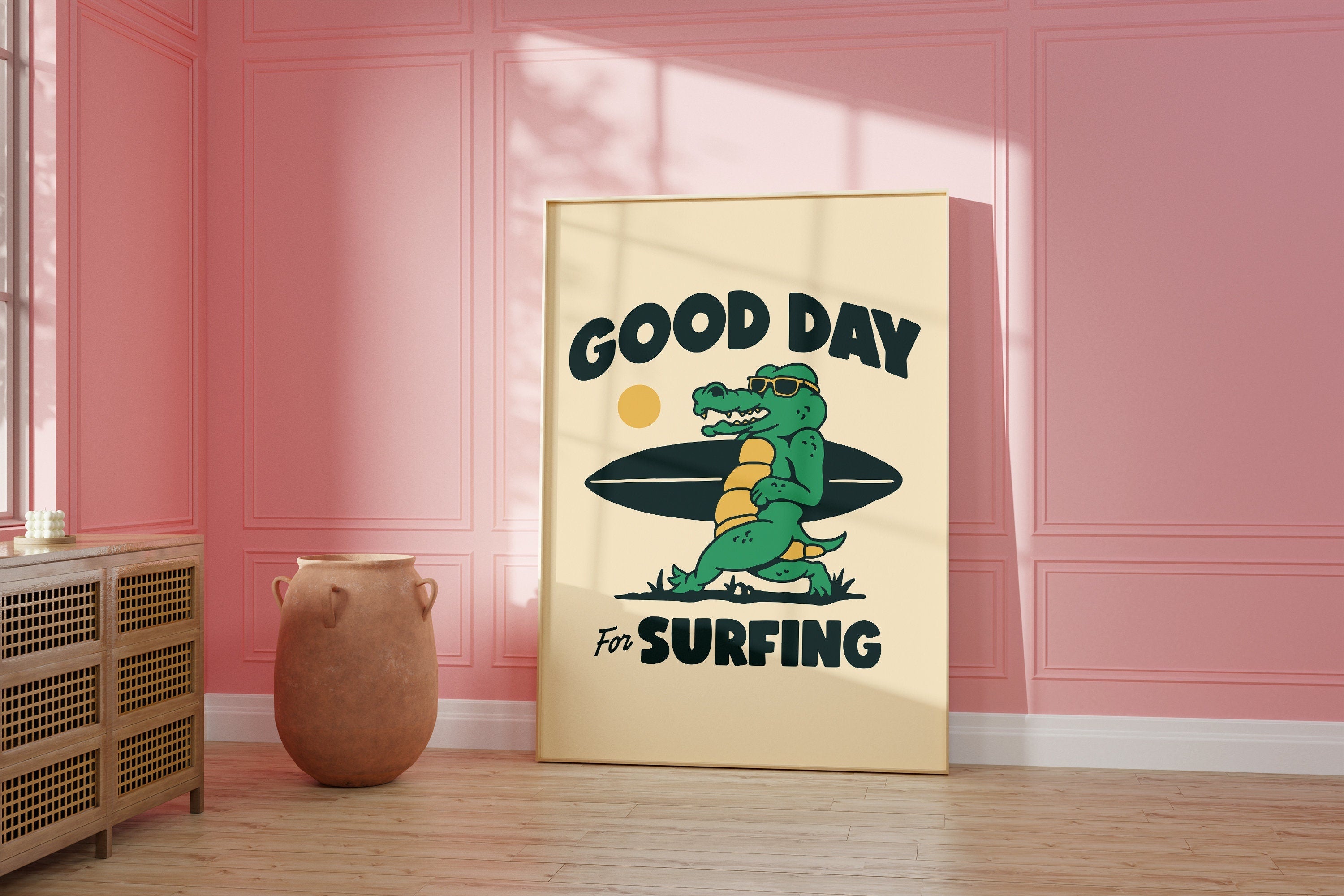 Alligator Art, Surfing Poster, Cartoon Surf Art, Surf Room Decor, Retro Beach Print, Digital Download, Surfing Prints, Alligator Poster