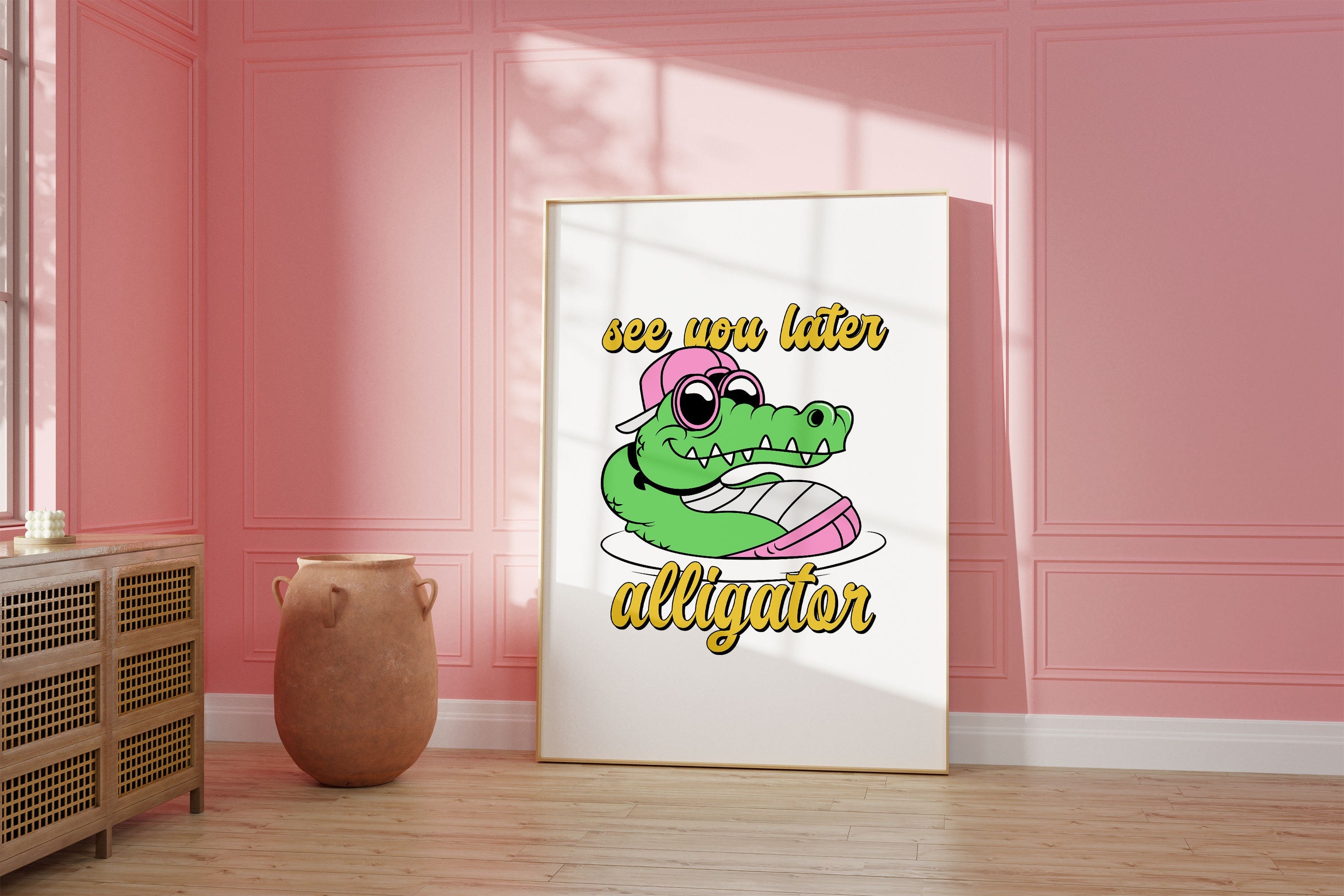 Alligator Art, Kids Poster, Cartoon Art, Surf Room Decor, Retro Beach Print, Digital Download, Surfing Prints, Alligator Poster, Kids Art