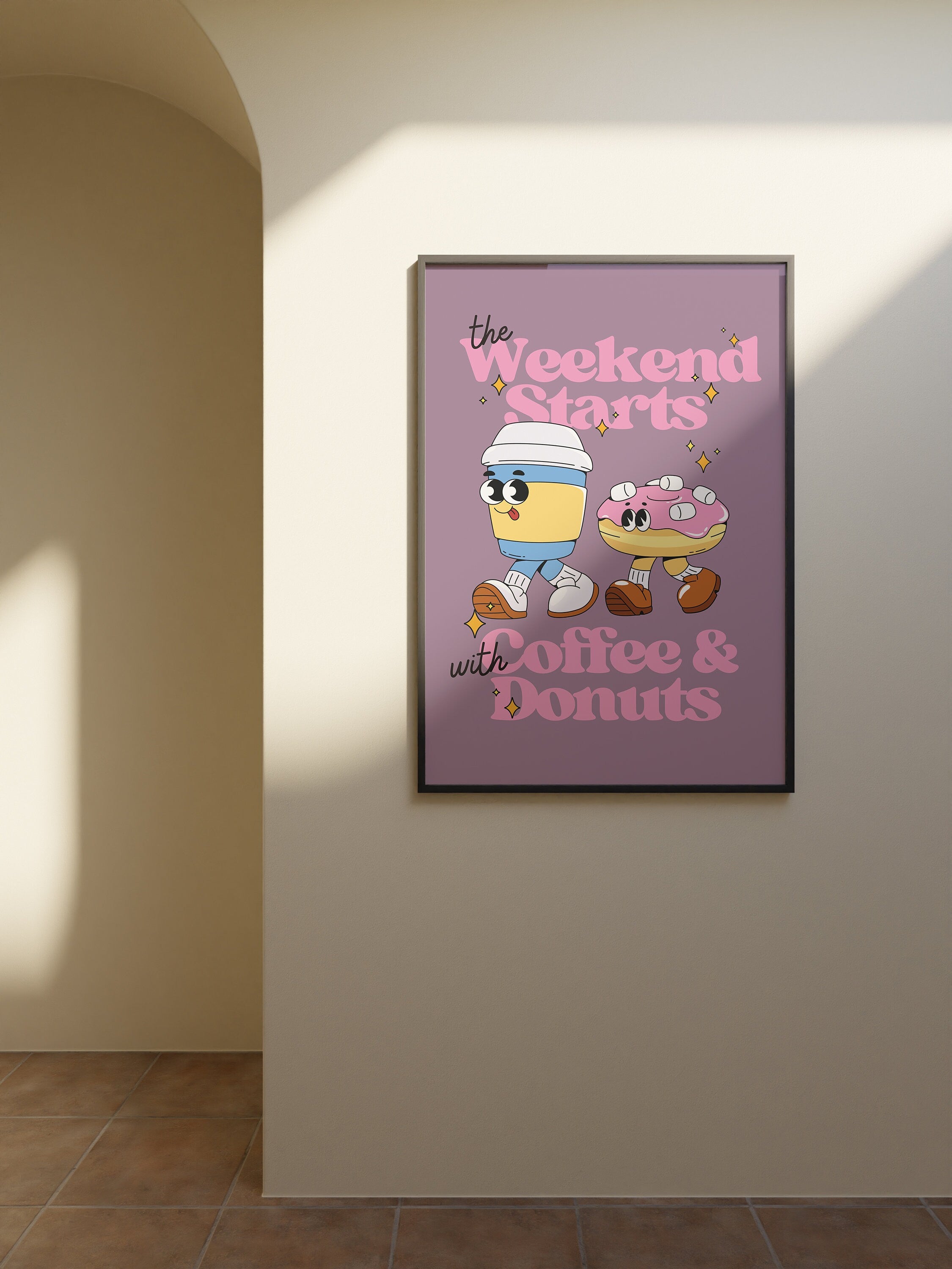 Coffee and Donuts Art, Digital Prints, Retro Art, Kitchen Posters, Kitchen Art, Coffee Art Print, Coffee Cartoon Print, Retro Wall Art