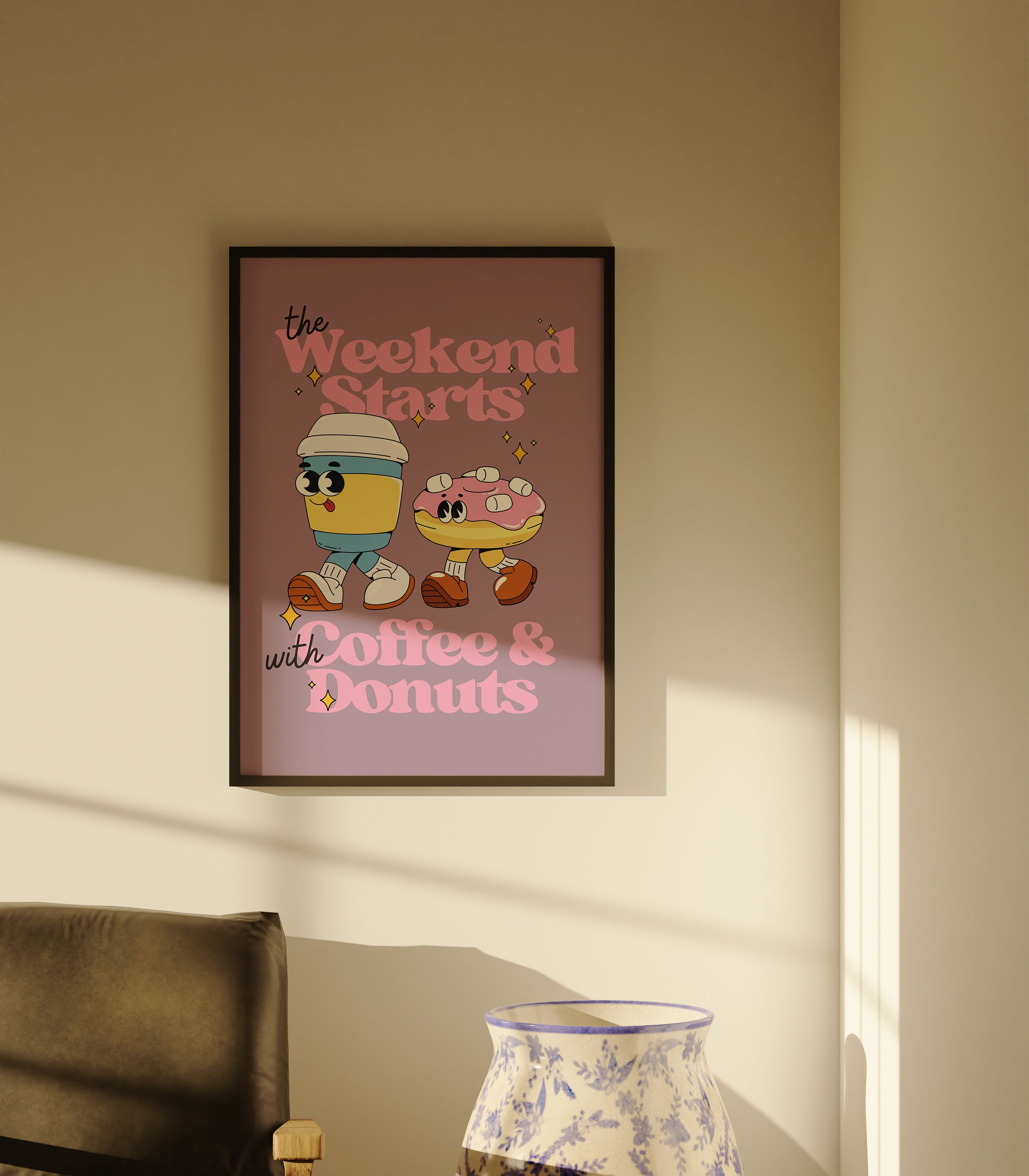 Coffee and Donuts Art, Digital Prints, Retro Art, Kitchen Posters, Kitchen Art, Coffee Art Print, Coffee Cartoon Print, Retro Wall Art