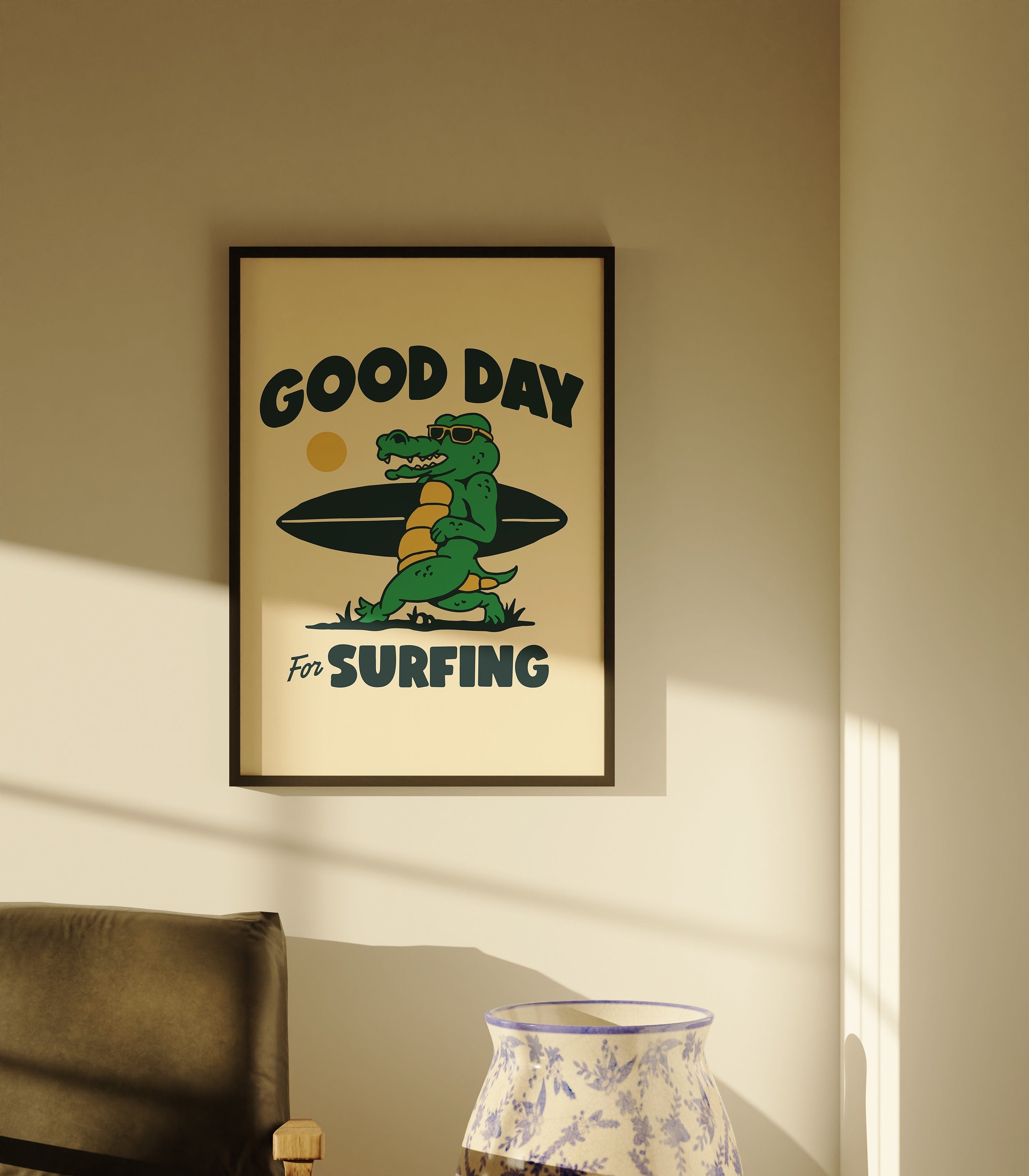Alligator Art, Surfing Poster, Cartoon Surf Art, Surf Room Decor, Retro Beach Print, Digital Download, Surfing Prints, Alligator Poster