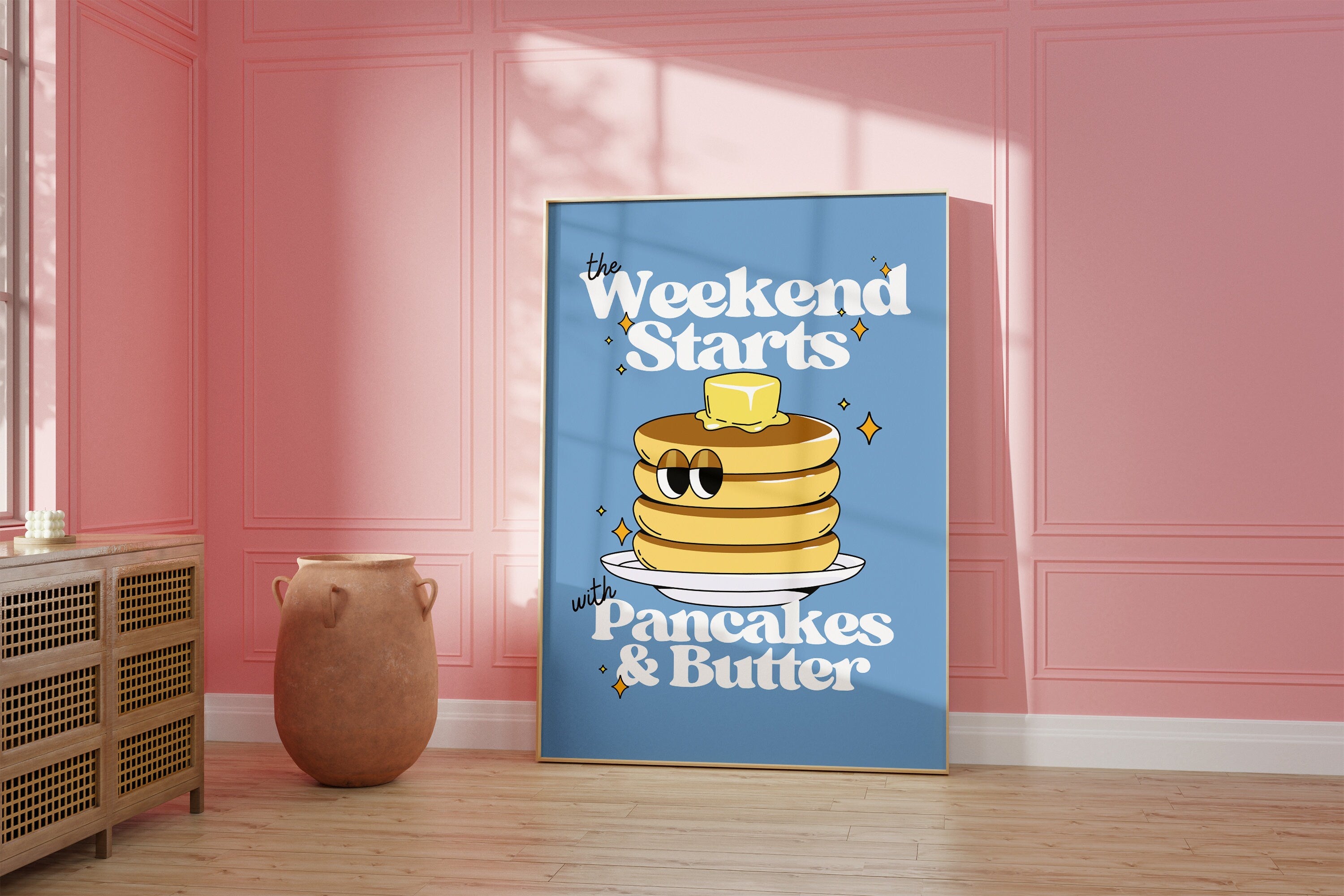 Pancakes Poster, Digital Prints, Wall Art, Kitchen Art, Cartoon Pancake Art, Dessert Art Print, Cookies Prints, Kitchen Art Prints, Blue Art