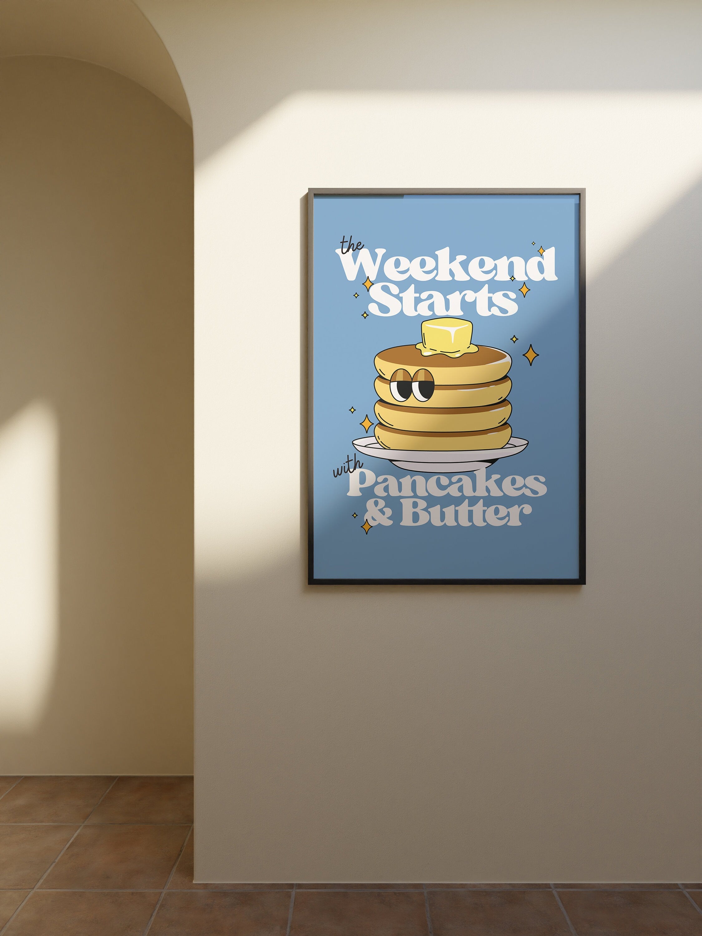 Pancakes Poster, Digital Prints, Wall Art, Kitchen Art, Cartoon Pancake Art, Dessert Art Print, Cookies Prints, Kitchen Art Prints, Blue Art