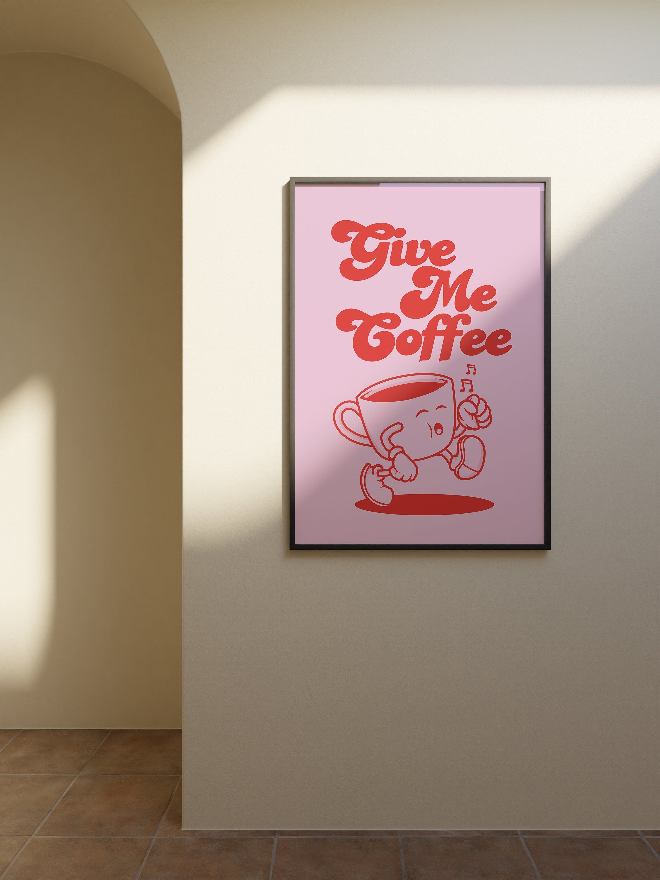 Coffee poster, Pink and red prints, Coffee bar print, Cartoon style, Coffee bar sign, Espresso depresso, Light pink art, Pink Kitchen Poster