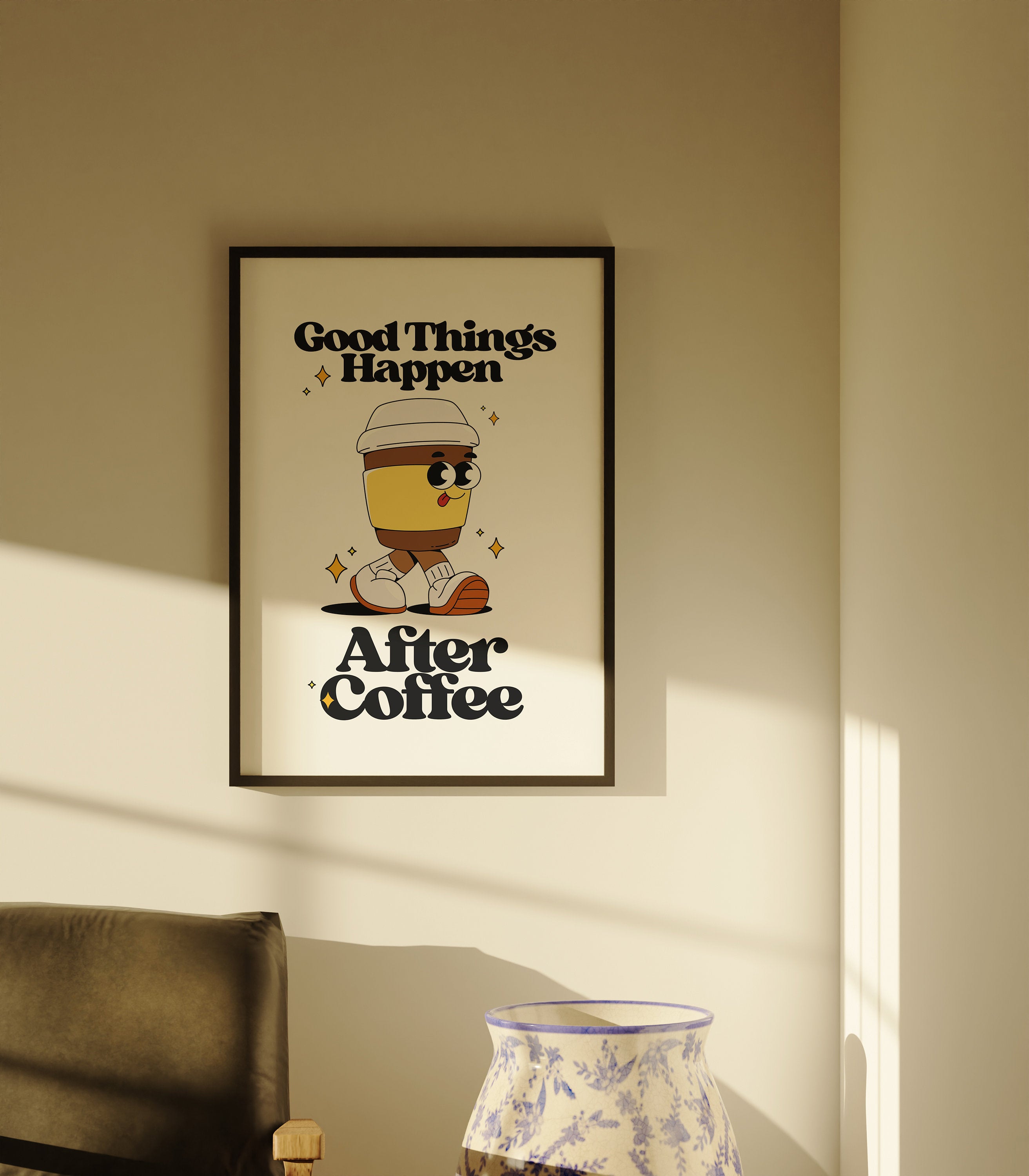 Good things happen after coffee-Digital Prints-Retro Art Quote-Office A-Kitchen Art-Coffee Art Print-Coffee Cartoon Print-Retro Wall Art