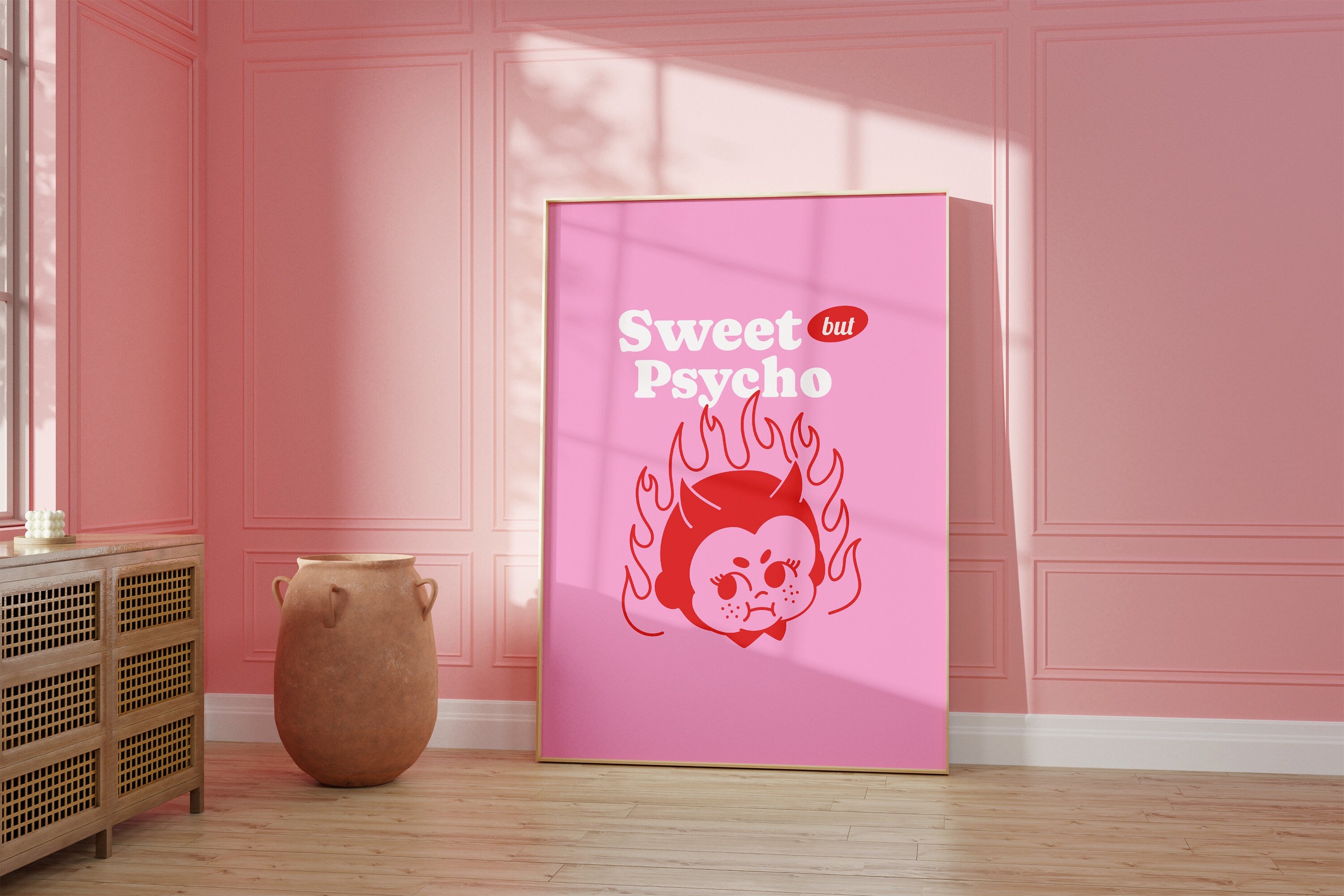 Lil Devil Cartoon Art, Digital Art, Pink Devil Art, Sweet But Psycho, Funny Wall Art, Vintage Cartoon Art, Y2K Girly Decor, Kewpie Wall Art