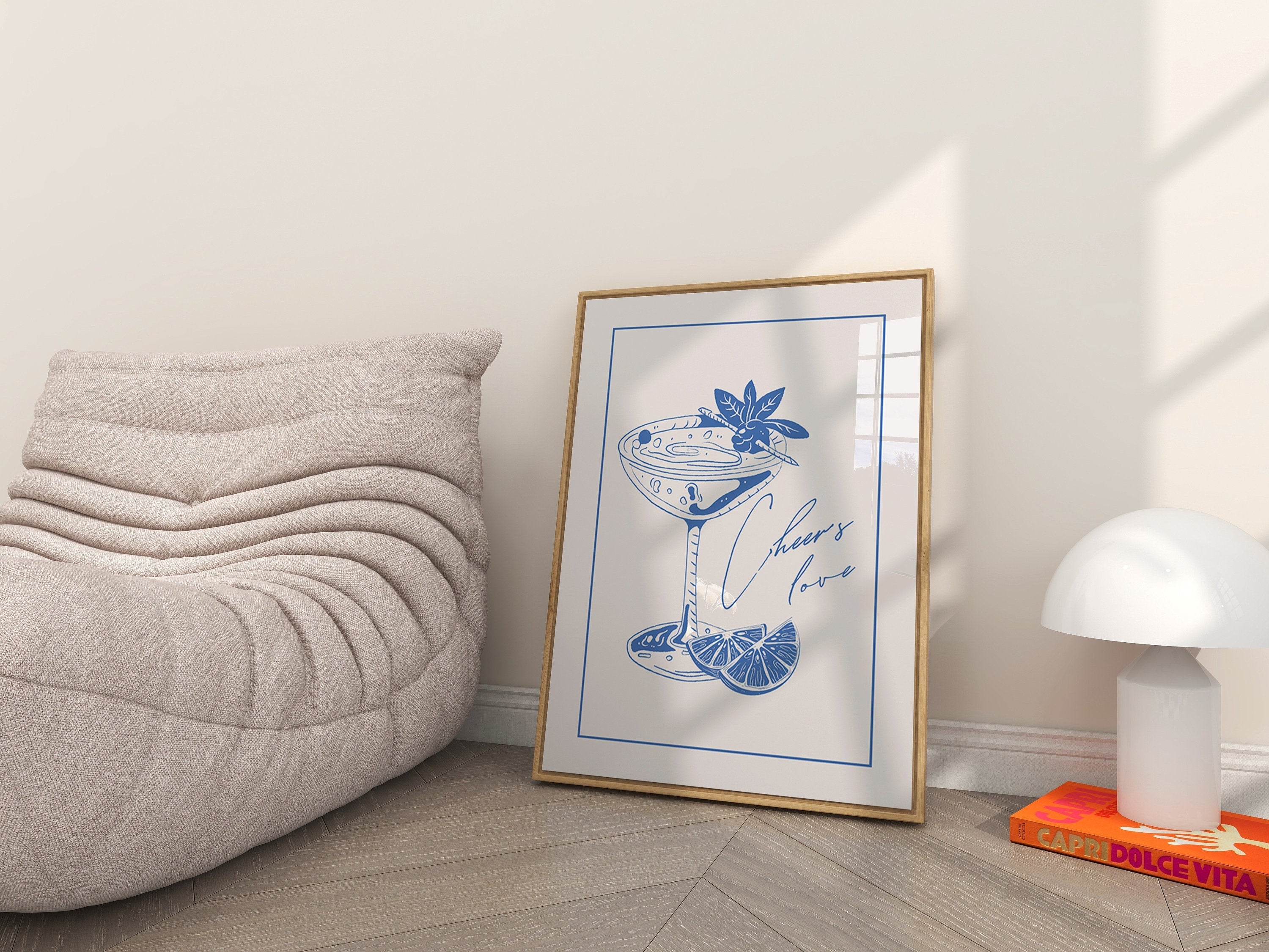 Neutral Wall Art Prints, Cocktail Line Art, Simple blue and white bar cart art, Minimalist Modern Living Room Wall Decor, Printable Art