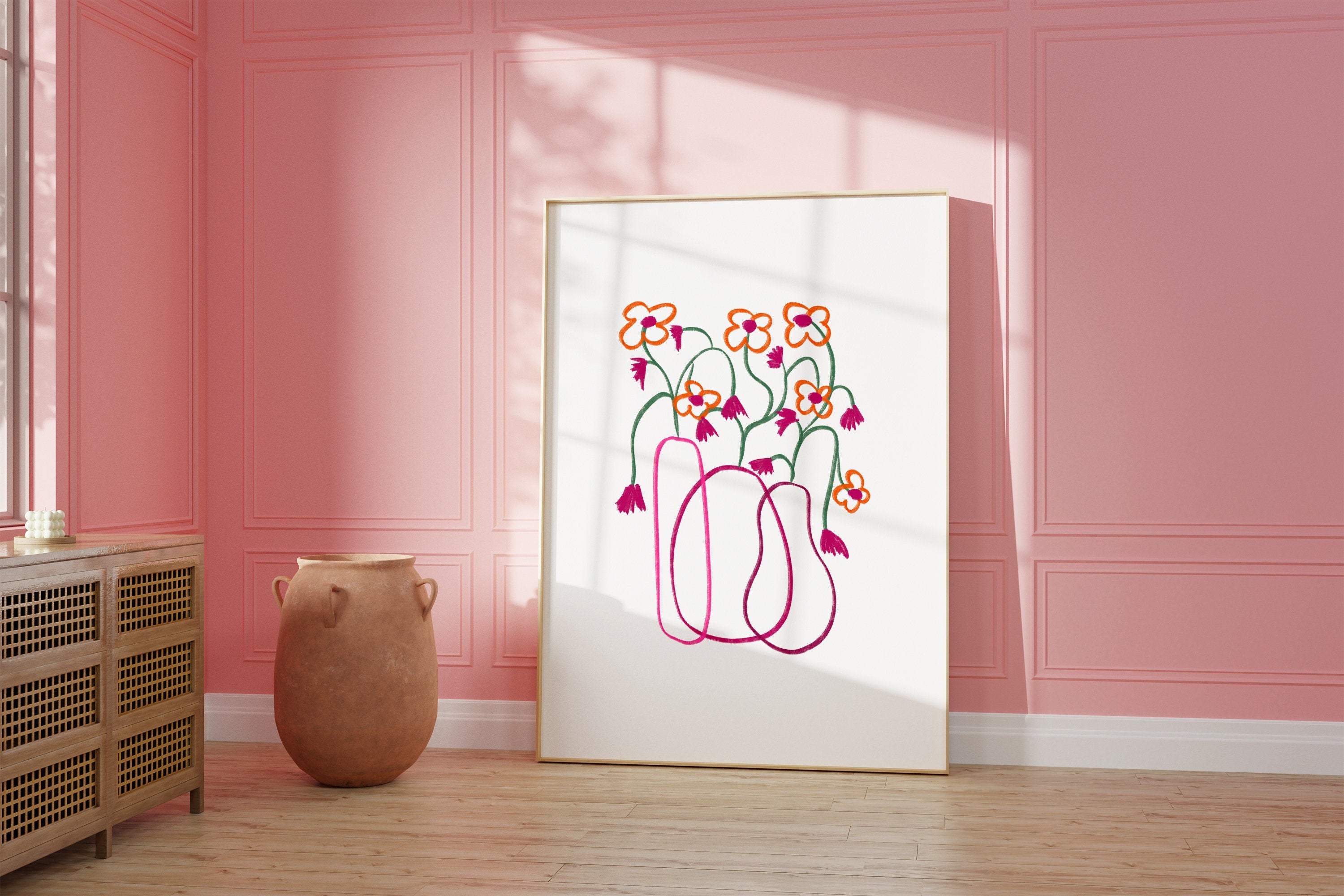 Pink Vase White Background, Floral Art, Art Prints, Flower Decor, Colorful Print, Girls Bedroom, Gift Idea, Pink Simple Art, Minimalist Art