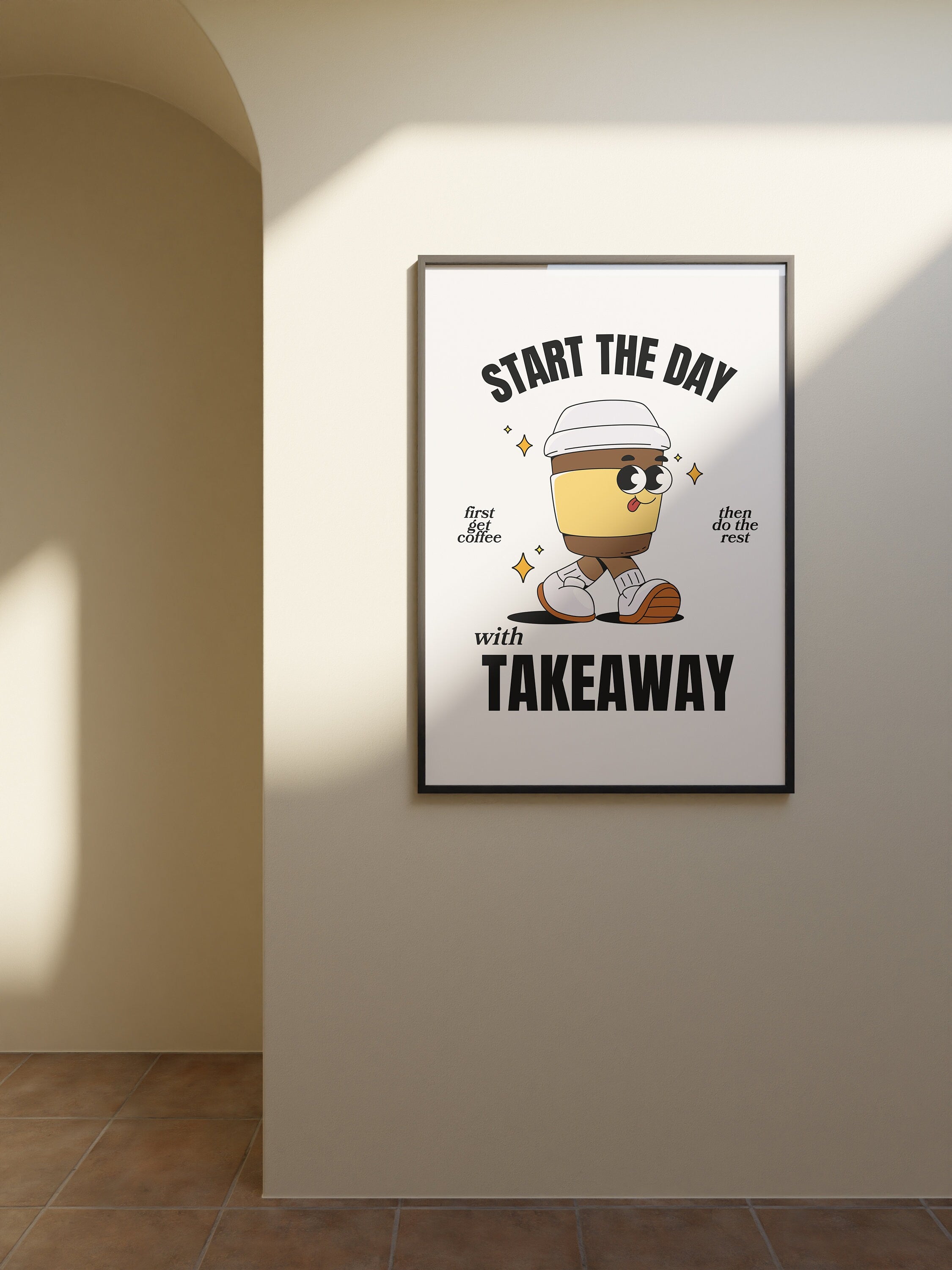 Takeaway Coffee Art, Digital Prints-Retro Art Quote-Office A-Kitchen Art-Coffee Art Print-Coffee Cartoon Print-Retro Wall Art