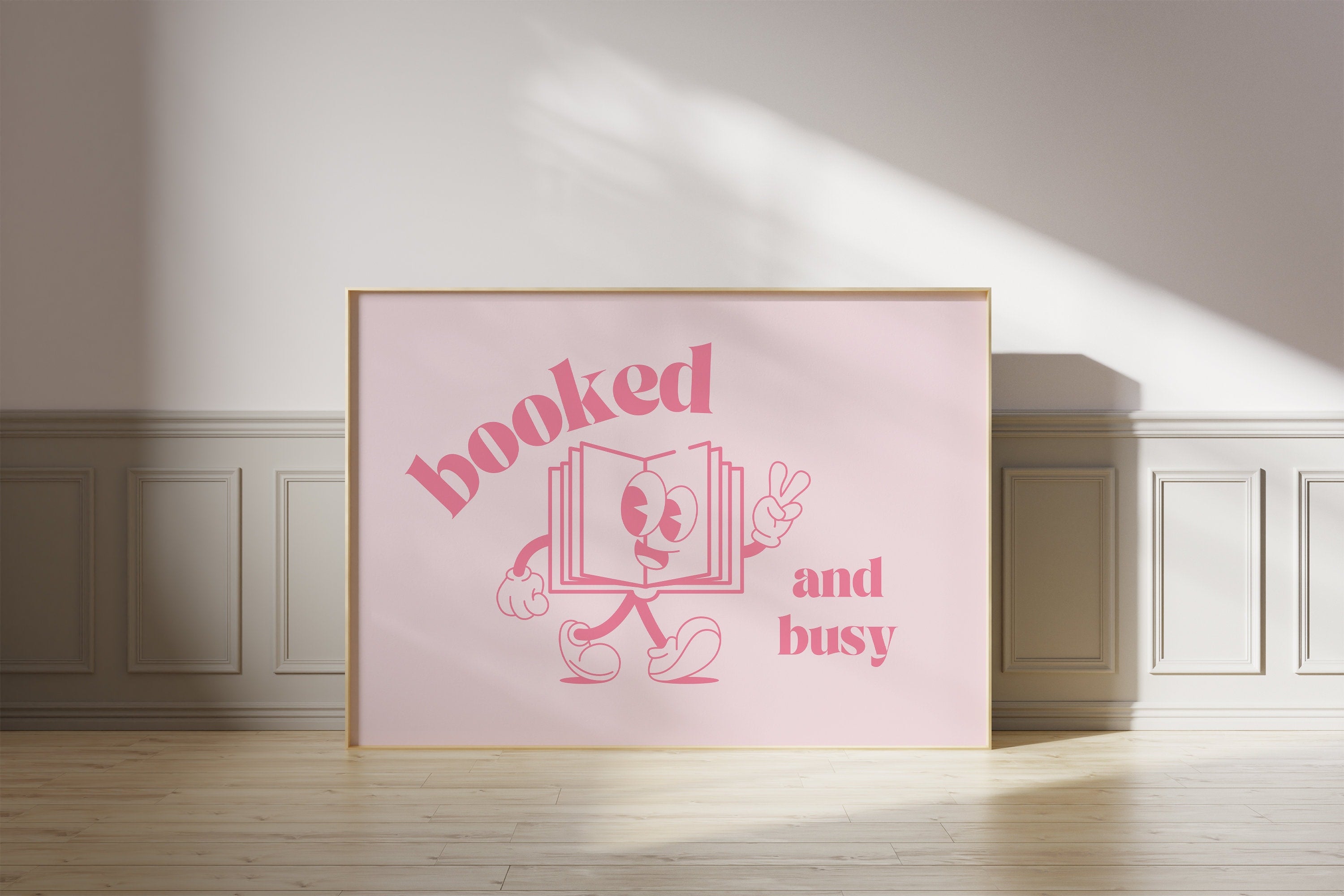 Booked and Busy, Retro Quote, Digital Prints Art, Downloadable Art, Reading Art Prints, Retro Cartoon Poster, Encouraging Posters, Pink Art