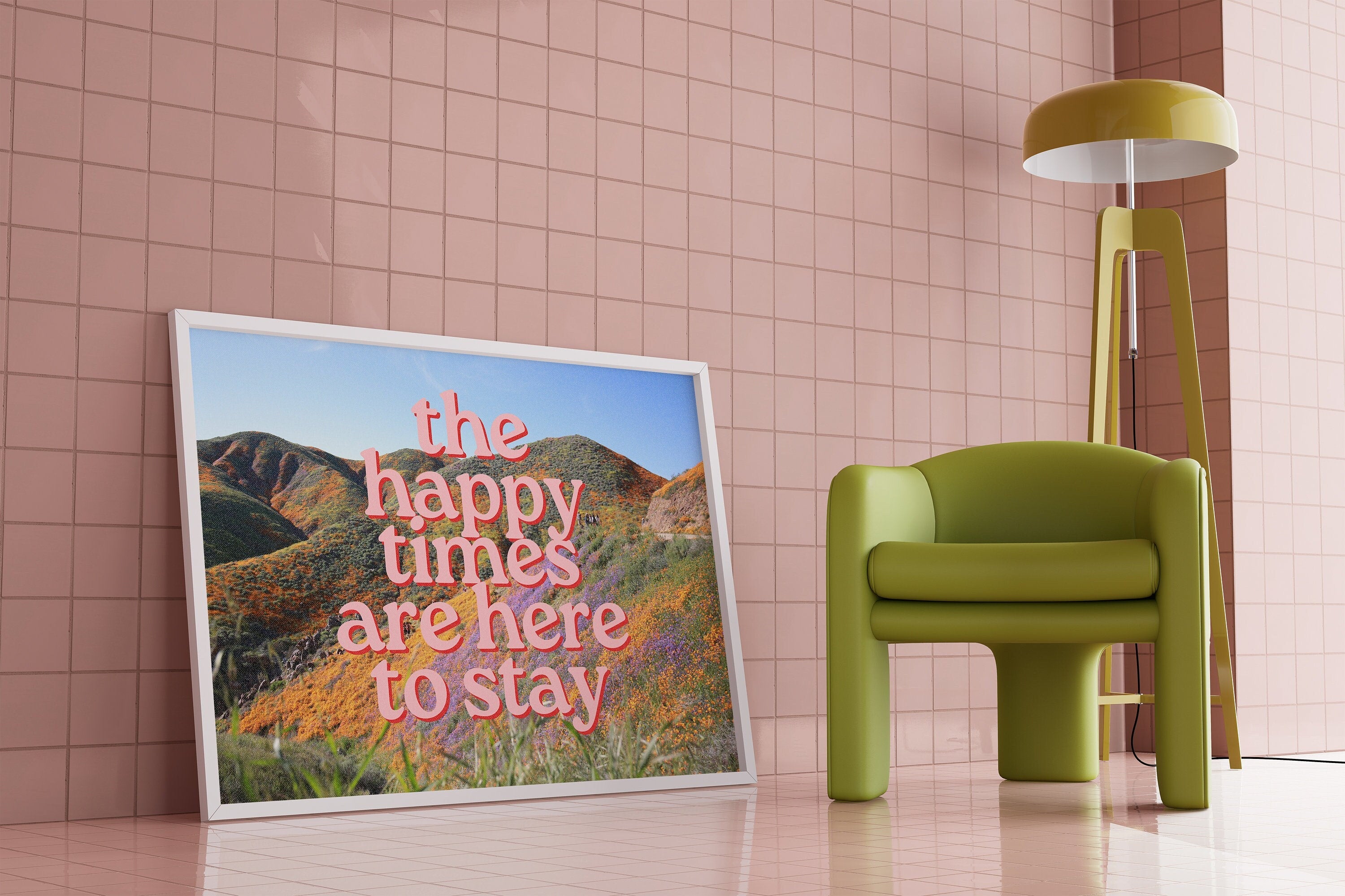Happy Times Are Here To Stay, Digital Art Print, Poppy Field Poster, Positivity Art Print, Pink and Blue Art, Horizontal Art Print