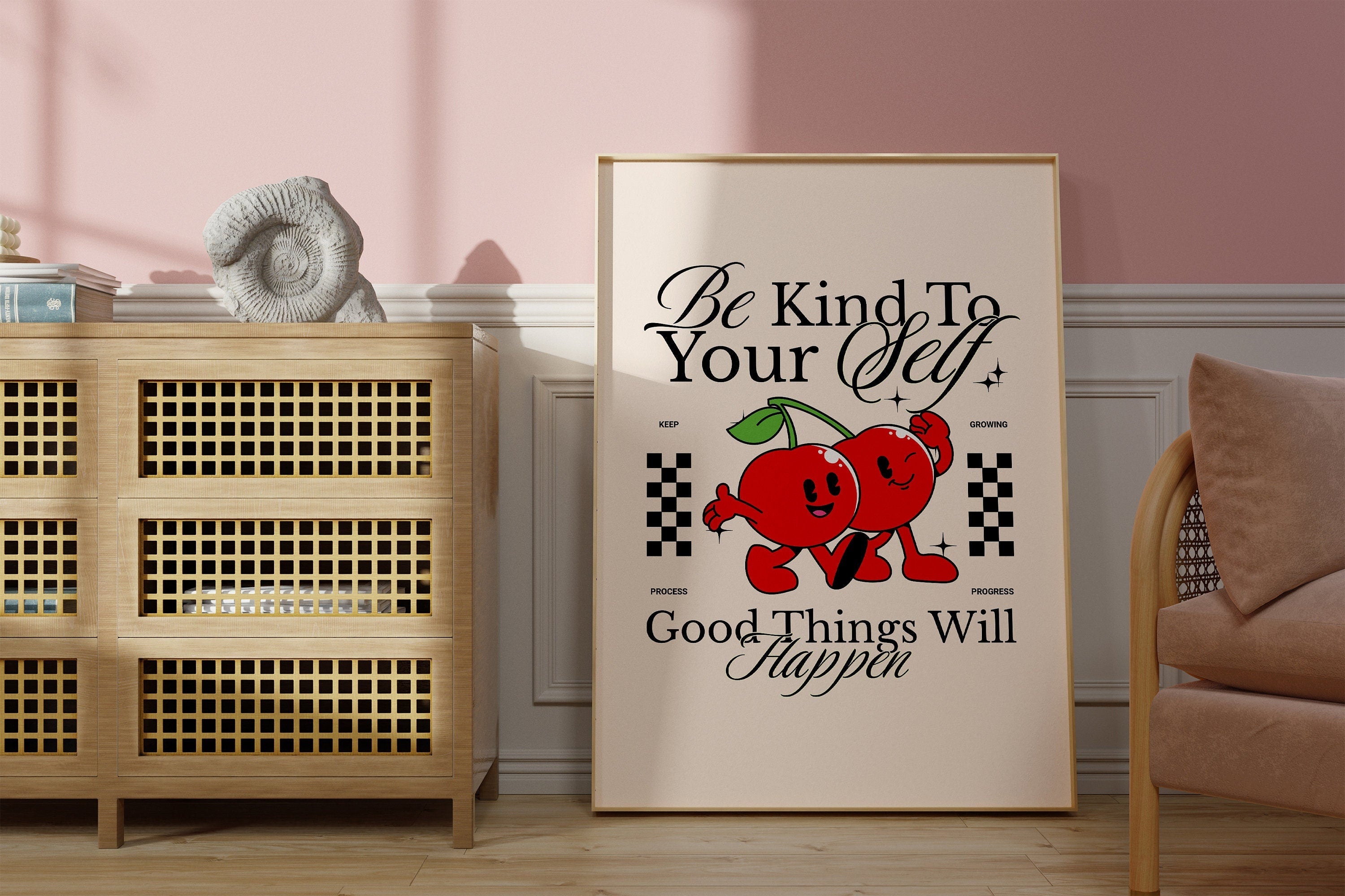 Classroom Art, Cute Retro Cherry Print, Cherry Best Friends, Retro Mascot Print, Funky Groovy Minimal Retro Poster