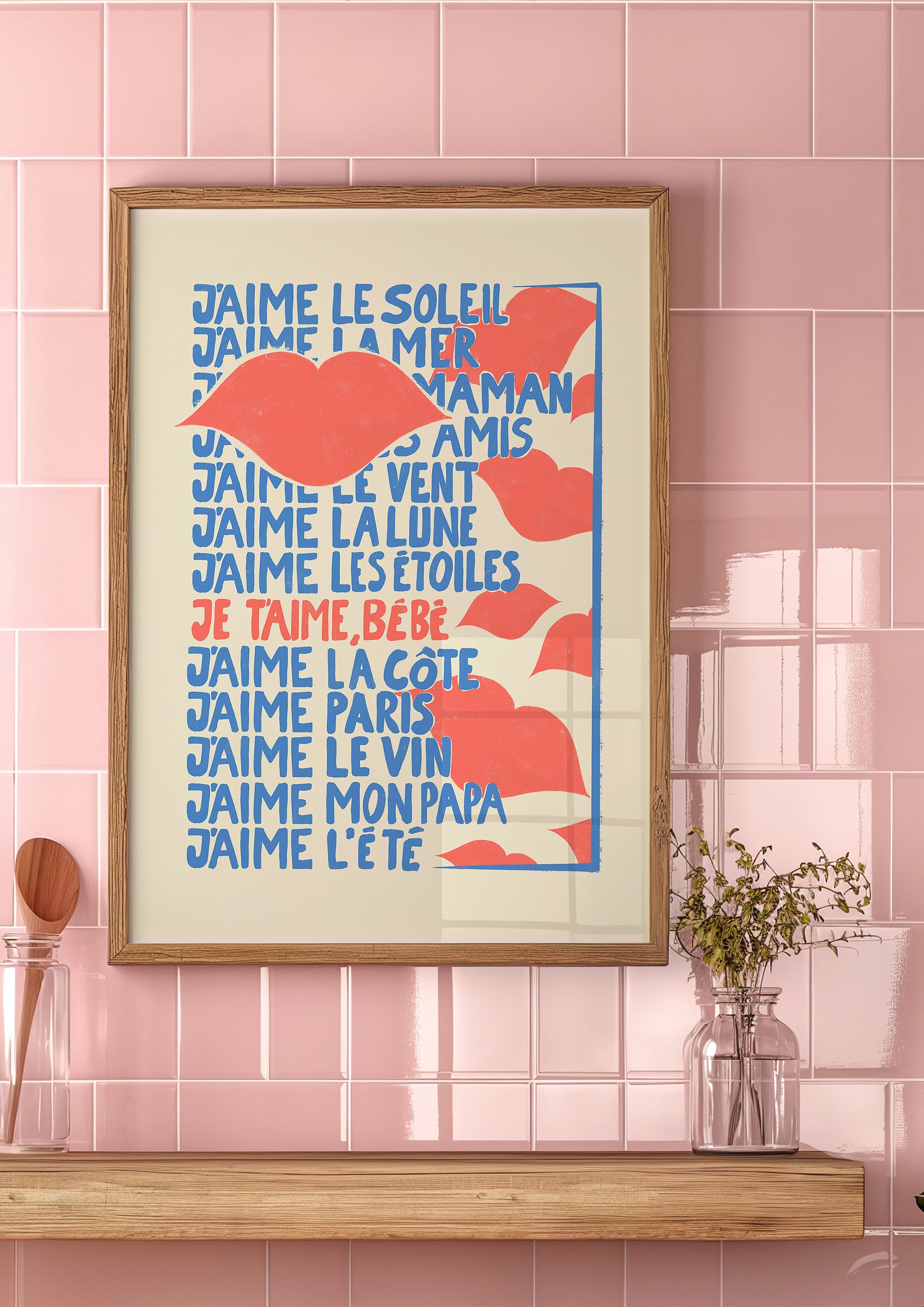 Vintage French Print, French Kiss Art, Lips Wall Art, Retro Art Print, French Poster, Exhibition Poster, Minimalist Wall Art, Ad Poster