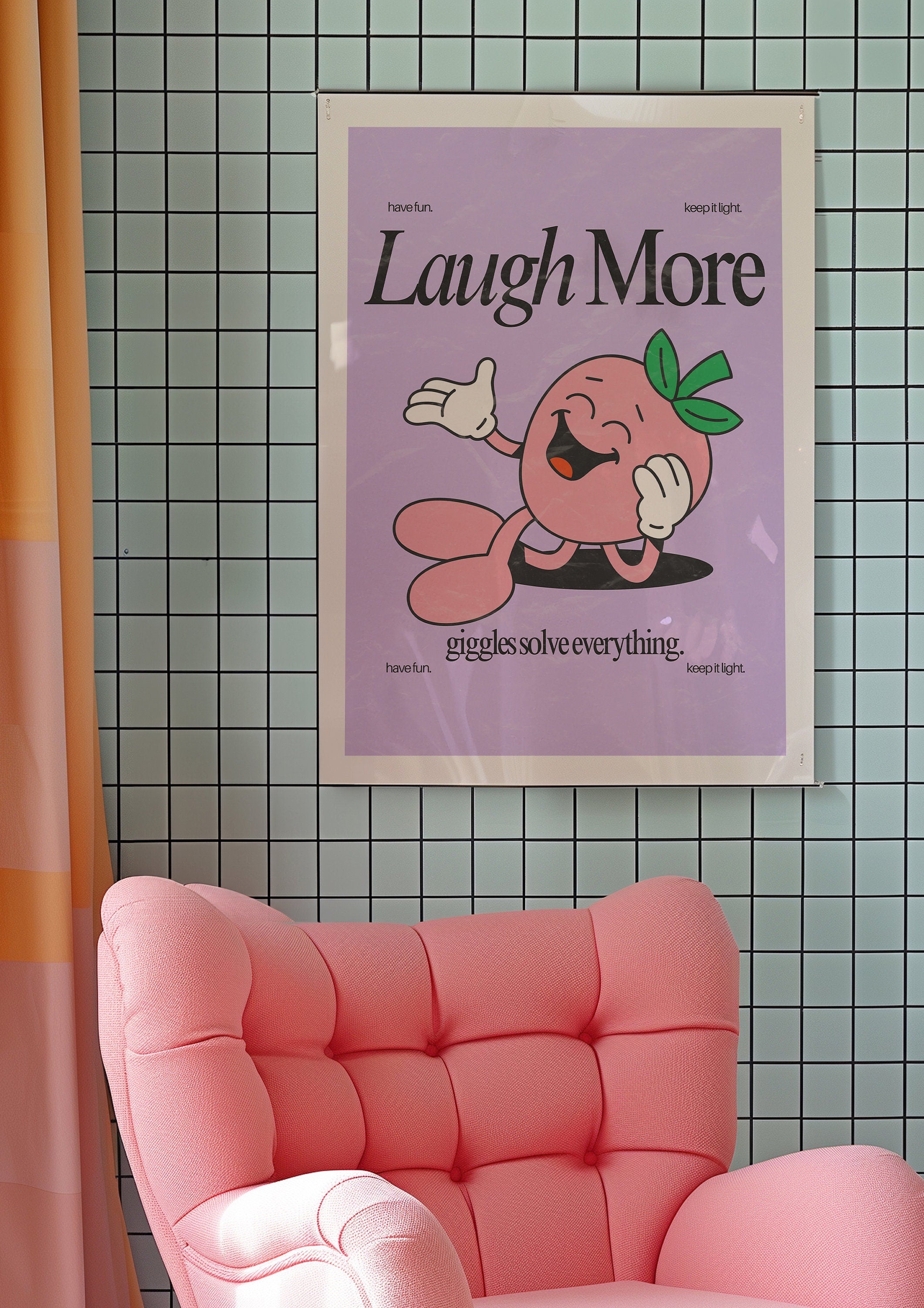 Laugh More Art, Classroom Art, Cute Retro Print, Strawberry Cartoon, Retro Mascot Print, Funky Groovy Minimal Retro Poster