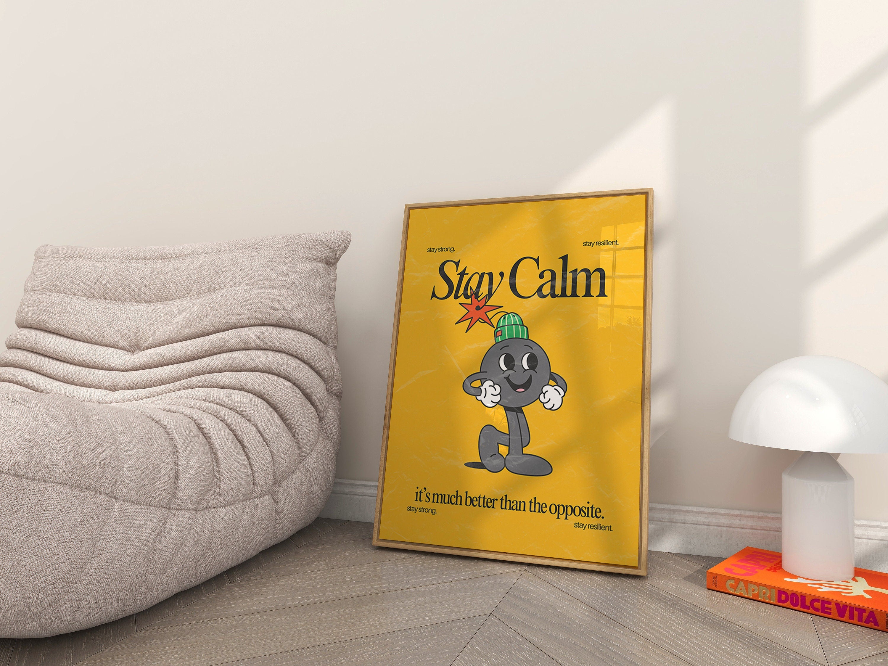 Stay Calm Art, Classroom Art, Cute Retro Print, Bomb Cartoon, Retro Mascot Print, Funky Groovy Minimal Retro Poster