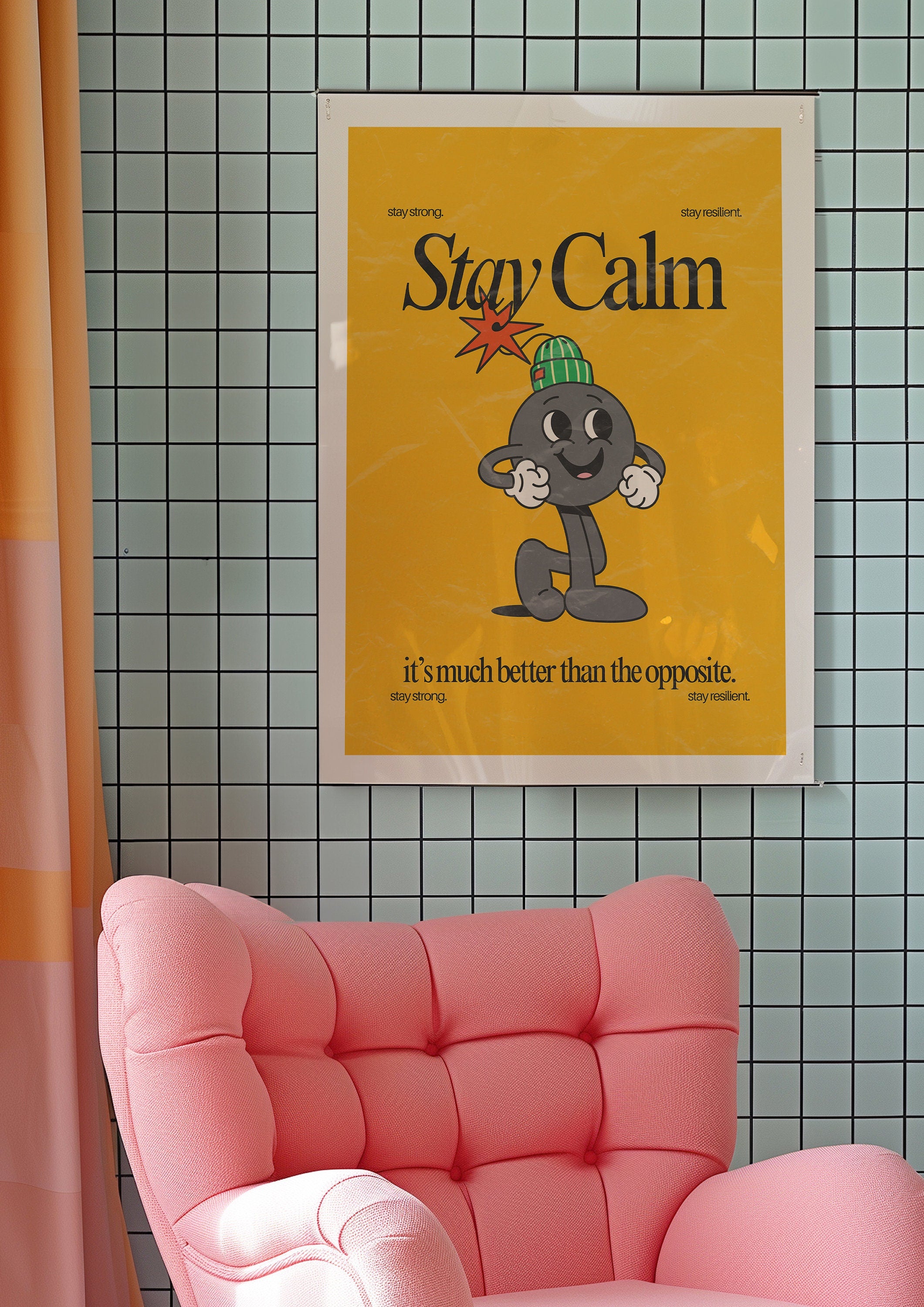 Stay Calm Art, Classroom Art, Cute Retro Print, Bomb Cartoon, Retro Mascot Print, Funky Groovy Minimal Retro Poster